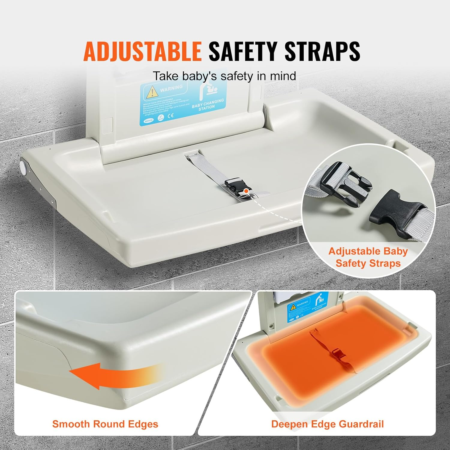 VEVOR Wall-Mounted Baby Changing Station, Horizontal Foldable Diaper Change Table with Safety Straps and Hanging Rods, Use in Commercial Bathrooms, Daycare Centers for Newborns & Infant image number 5