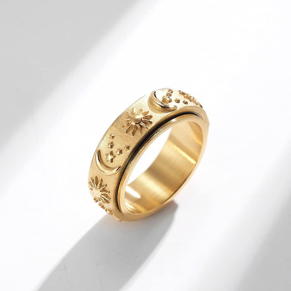 Nylry Titanium Stainless Fidget Ring 8Mm Moon Star Sun Spinner Rings Silver Gold Black Stress Relieving Anxiety Ring Wide Carved Worry Band for Women Men Teens Size 5-12 Gold Size 7, Stainless image number 3