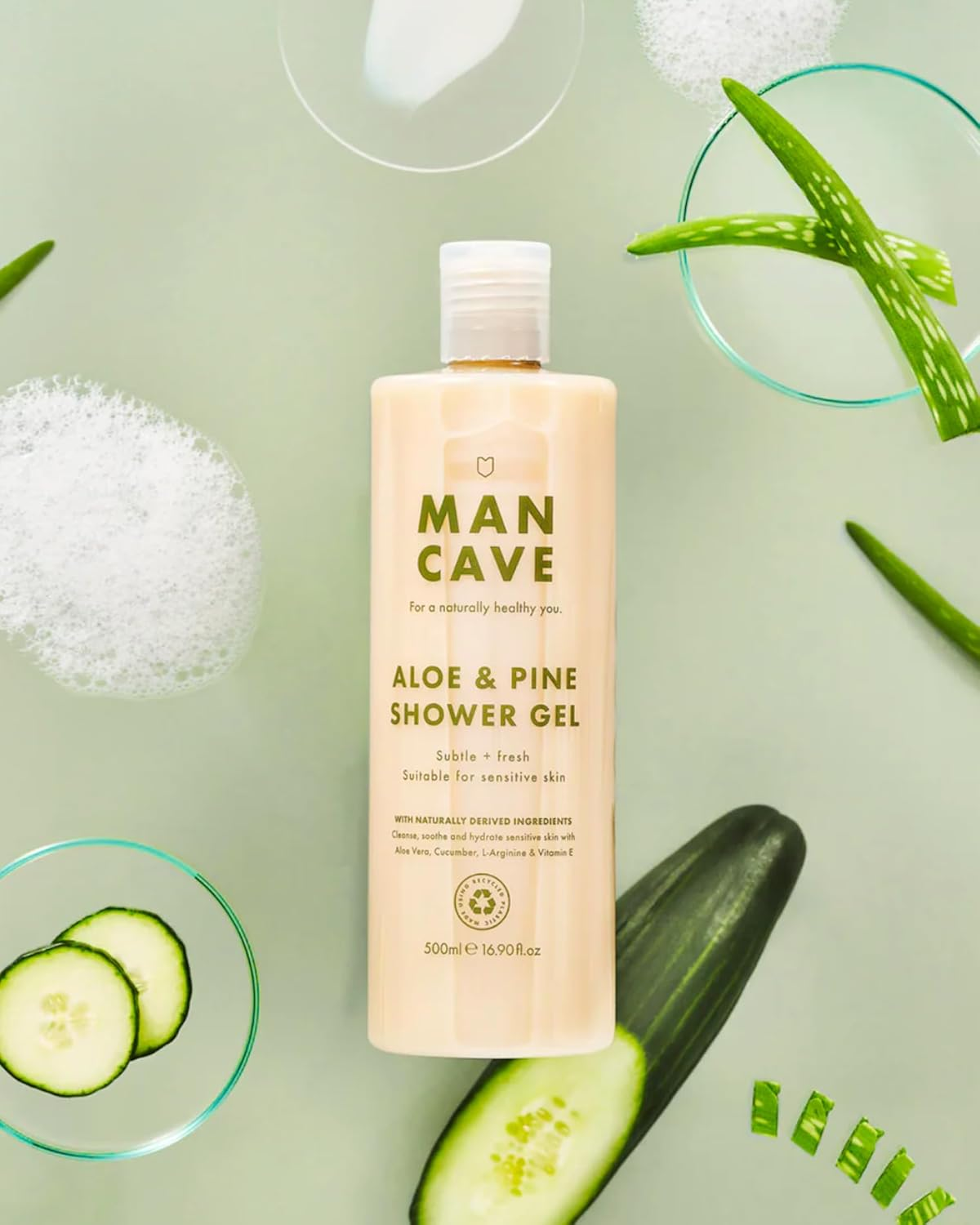 Mancave Shower Gel Men for Sensitive Skin - Aloe and Pine 500 Ml - Sulphate Free and Natural, Vegan, Cruelty Free, Recycled Packaging, Sensitive Shower Gel Men