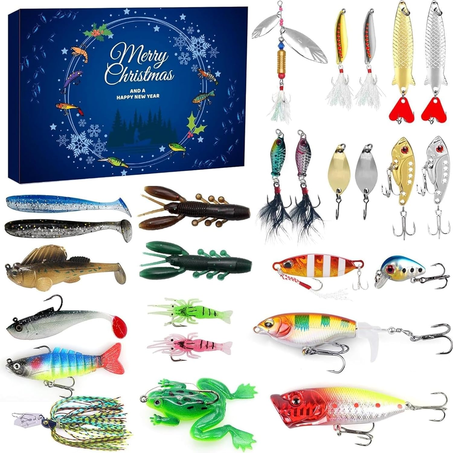 Fishing Advent Calendar for Adult Men Teen Boys, 2024 Fishing Lure Christmas, 24 Days Topwater Lures Fishing Spoons Minnow Popper Crankbait for Fishing Lovers Father Boyfriend Brother