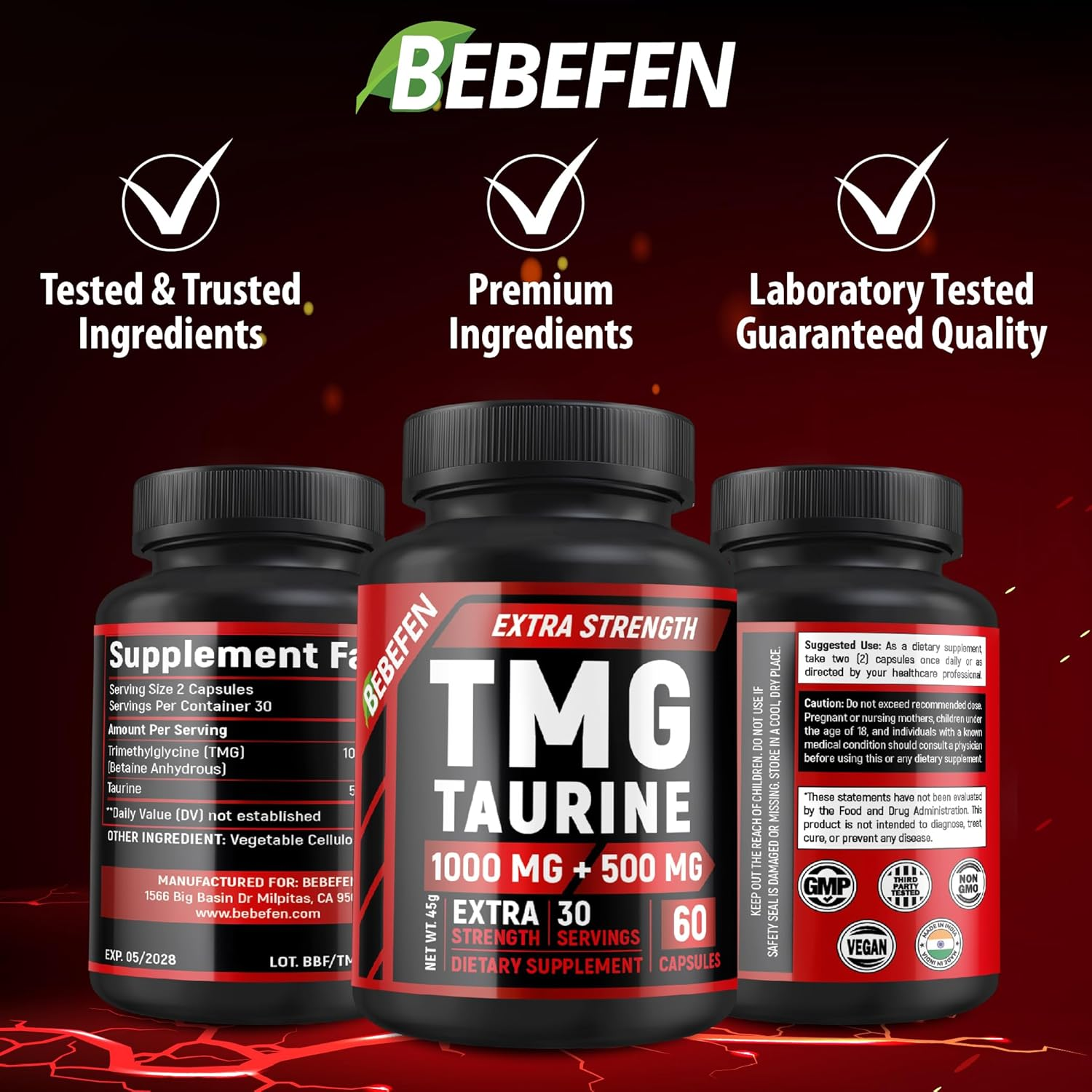 TMG Trimethylglycine 1000 Mg with Taurine 500 Mg Supplement &ndash; Non-Gmo, Gluten Free (60 Capsules)