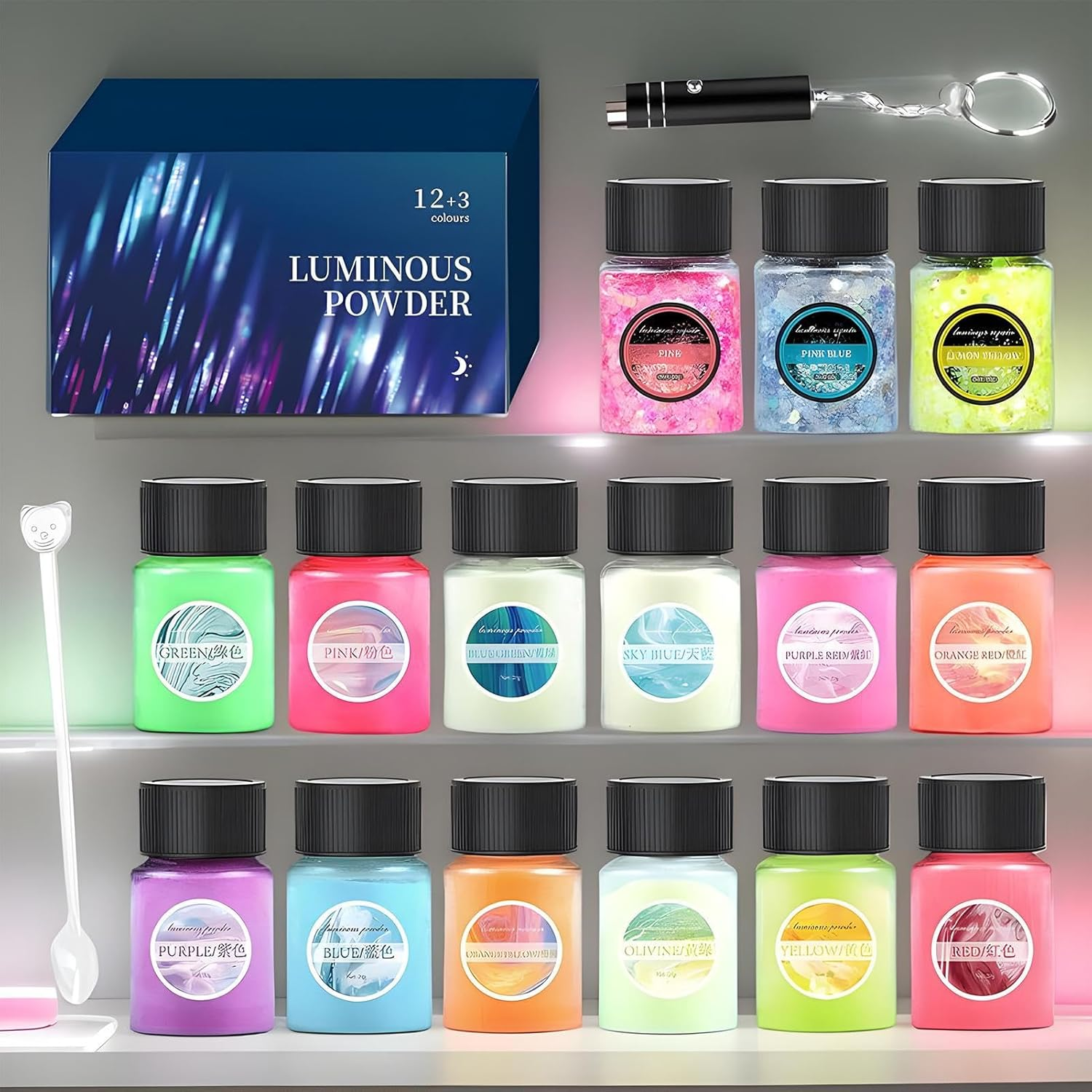 Glow in the Dark Pigment - 15 Color Luminous Powder for Art Projects, Safe Dye Set with Long Lasting Brightness, Self Glowing Pigment Powder for Slime Resin Nail Polish Craft Coating Decoration image number 2