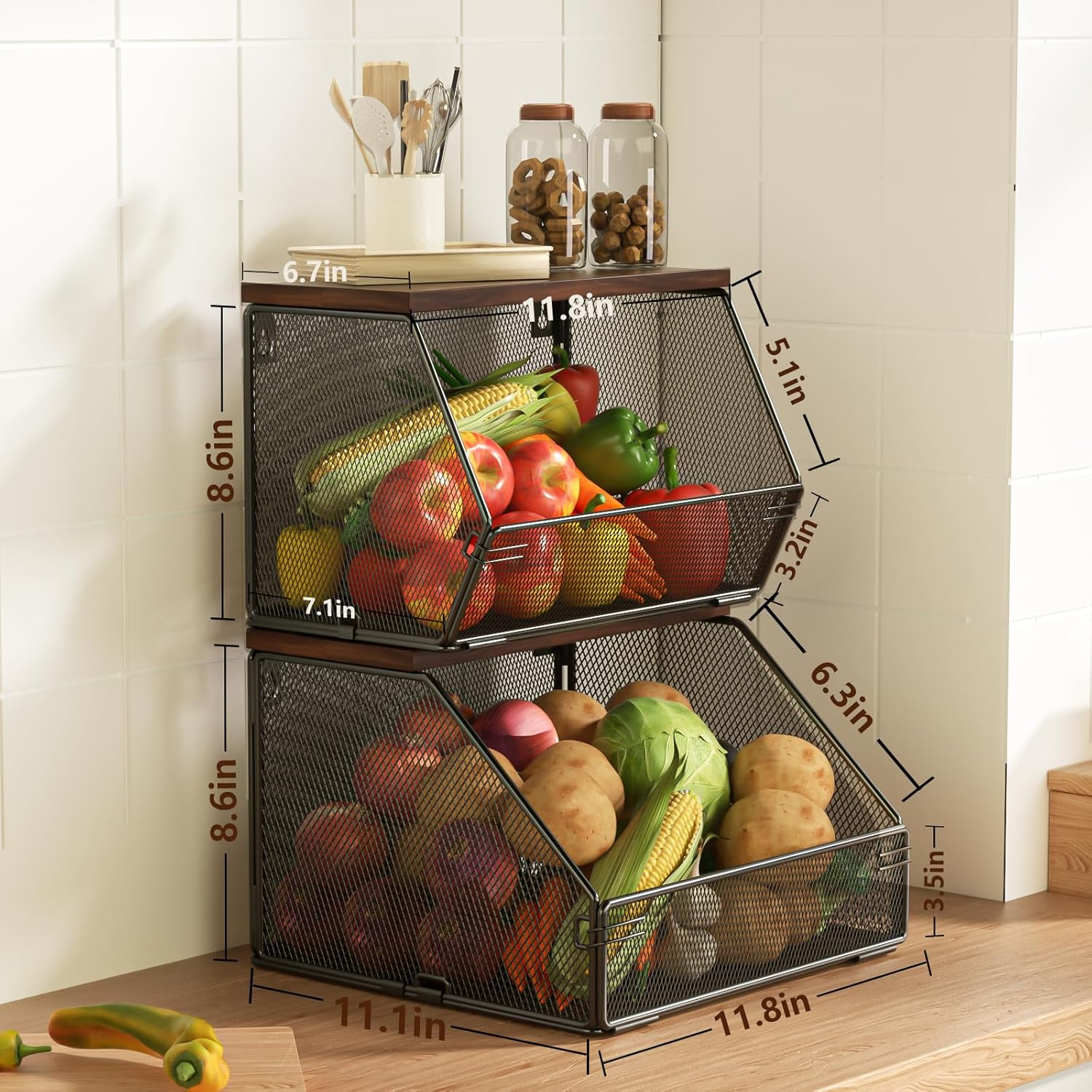 Fruit Basket for Kitchen Wire Baskets with Wood Lid, Wall Mounted Produce Basket for Fruit and Vegetable, Stackable Countertop Onion and Potato Storage, 7.1"W & 11.1"W Kitchen Counter Organizer image number 6