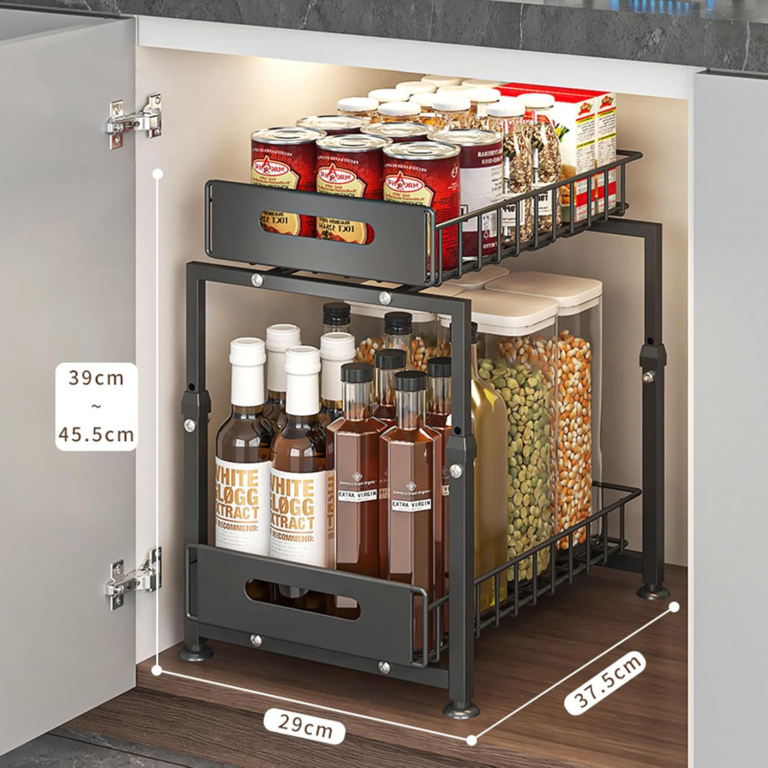 2-Tier under Sink Organizer and Storage, Pull Out Cabinet Organizer, Multi-Purpose under Sink Storage Rack, Height Adjustable Metal Sliding Shelf for Kitchen, Bathroom, Pantry (Black) image number 4