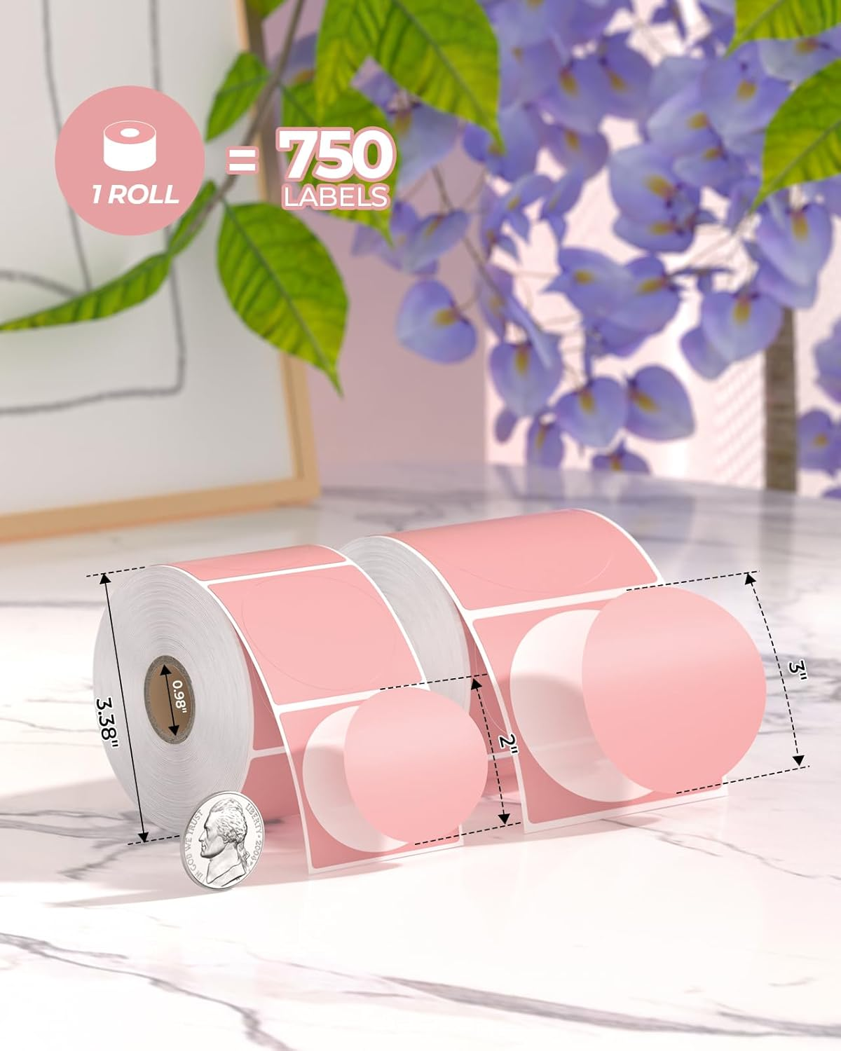 MUNBYN 2 Inch Pink Circle Thermal Stickers, Self-Adhesive round Direct Thermal Labels, Multi-Purpose Roll Stickers for DIY Logo Design, QR Code, Name Tag, Inventory - Pink 750 Labels/1 Roll image number 1