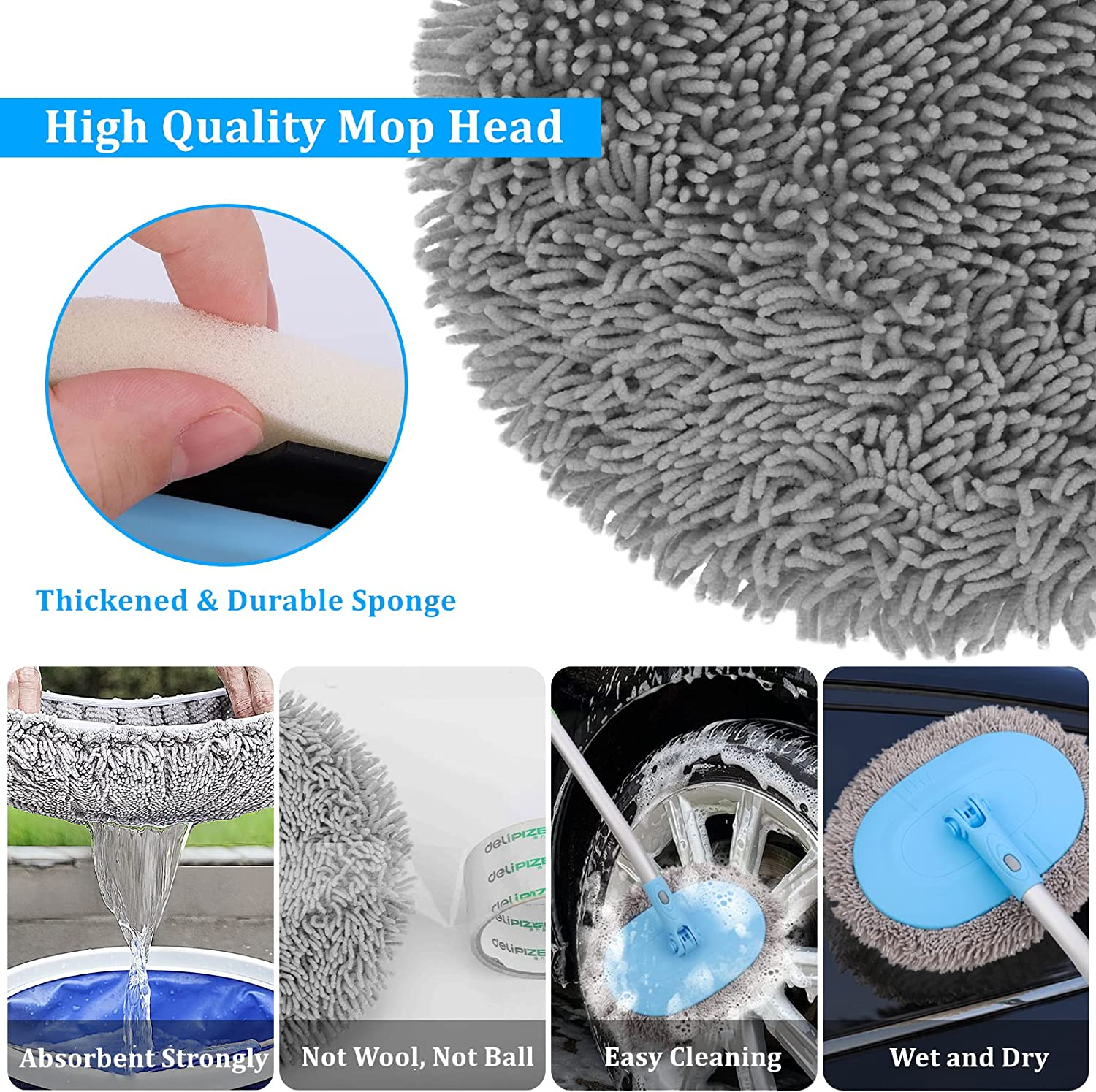 Bluefire 64'' Car Wash Brush Mop, Car Wash Cleaning Mop, 180&deg; Rotatable Wet and Dry Dual Use Cleaning Tool with Long Handle Kit for Washing Detailing Cars Truck, SUV, RV, Trailer(Blue) image number 1
