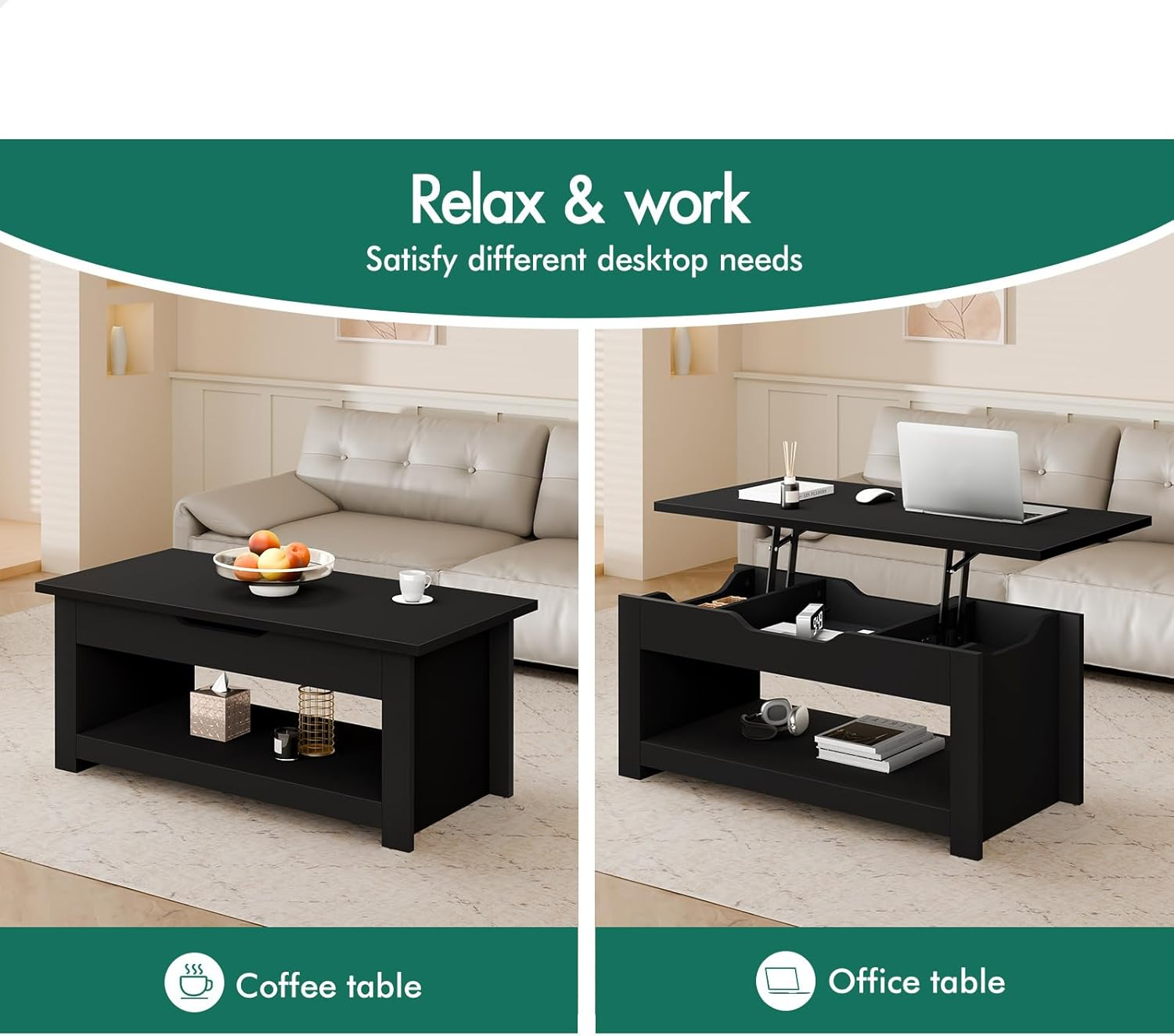 ALFORDSON Multifunctional Lift-Top Coffee Center Table Black Color, Dining Table for Living Room, Office, Reception & Dining, Featuring Rising Tabletop Surface, Hidden Compartment & Open Shelf - Black image number 4