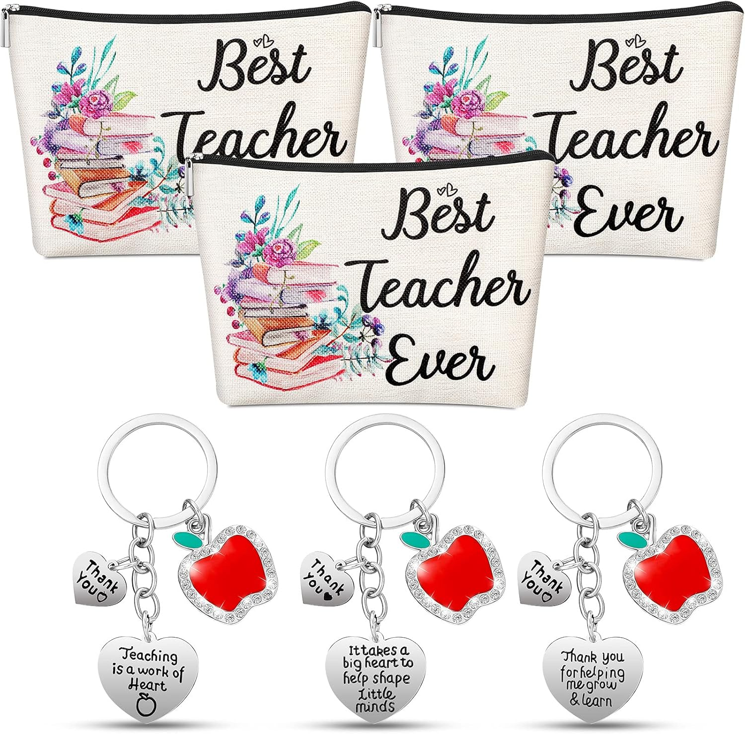 DDPOND 6 Pack Teacher Appreciation Gifts for Women Bulk Christmas Teacher Gifts 3 Pcs Zipper Cosmetic Bags Canvas Makeup Pouch 3 Pcs Thank You Keychains Xmas Birthday Present(Book Style)