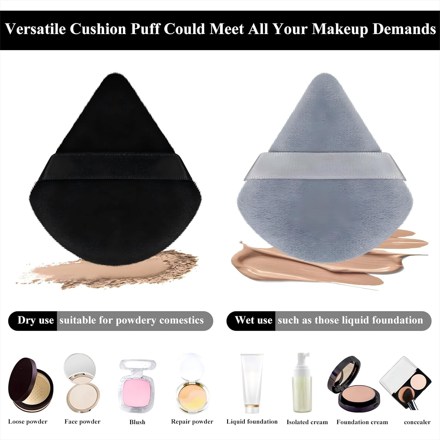 Maitys 12 Pcs Powder Puff Triangle for Face Makeup Cosmetic Loose Powder Puff Velour Soft Body Washable Reusable Foundation Sponge Wet Dry Makeup Tool for Women(Small,Black, Gray)