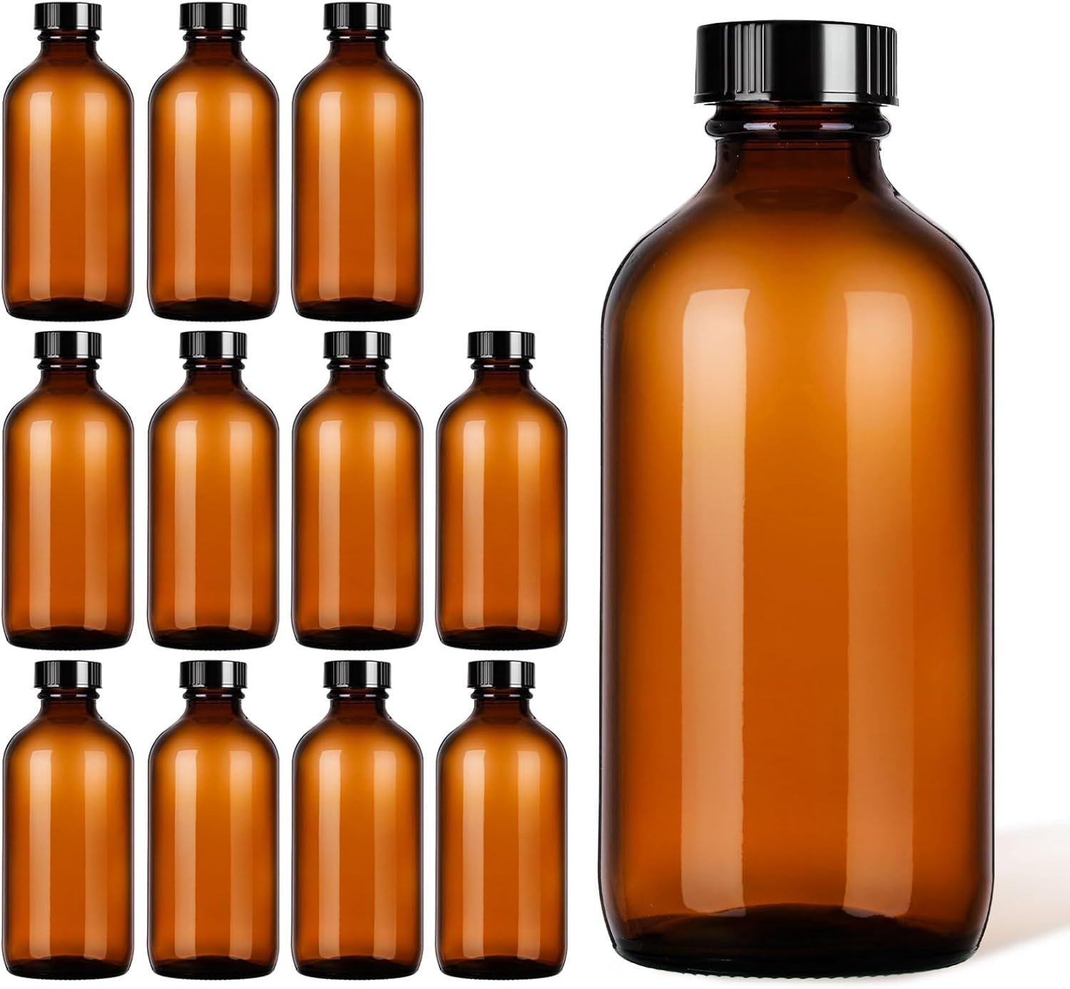 Deffdns 12 Pack 8 Oz Amber Boston round with Black Poly Cone Cap,Reusable Brown Glass Bottles for Secondary Kombucha Fermentation,Homemade Essential Oils,Lab Chemicals image number 4