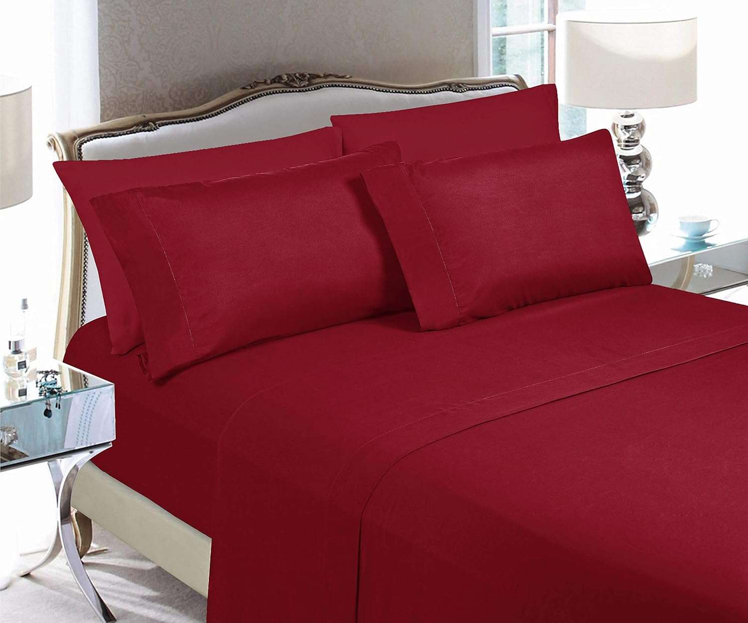 Elegant Comfort Luxury Soft Bed Sheets 1500 Premium Hotel Quality Microfiber Softness Wrinkle and Fade Resistant (6-Piece) Bedding Set, California King, Burgundy Amaranth image number 6