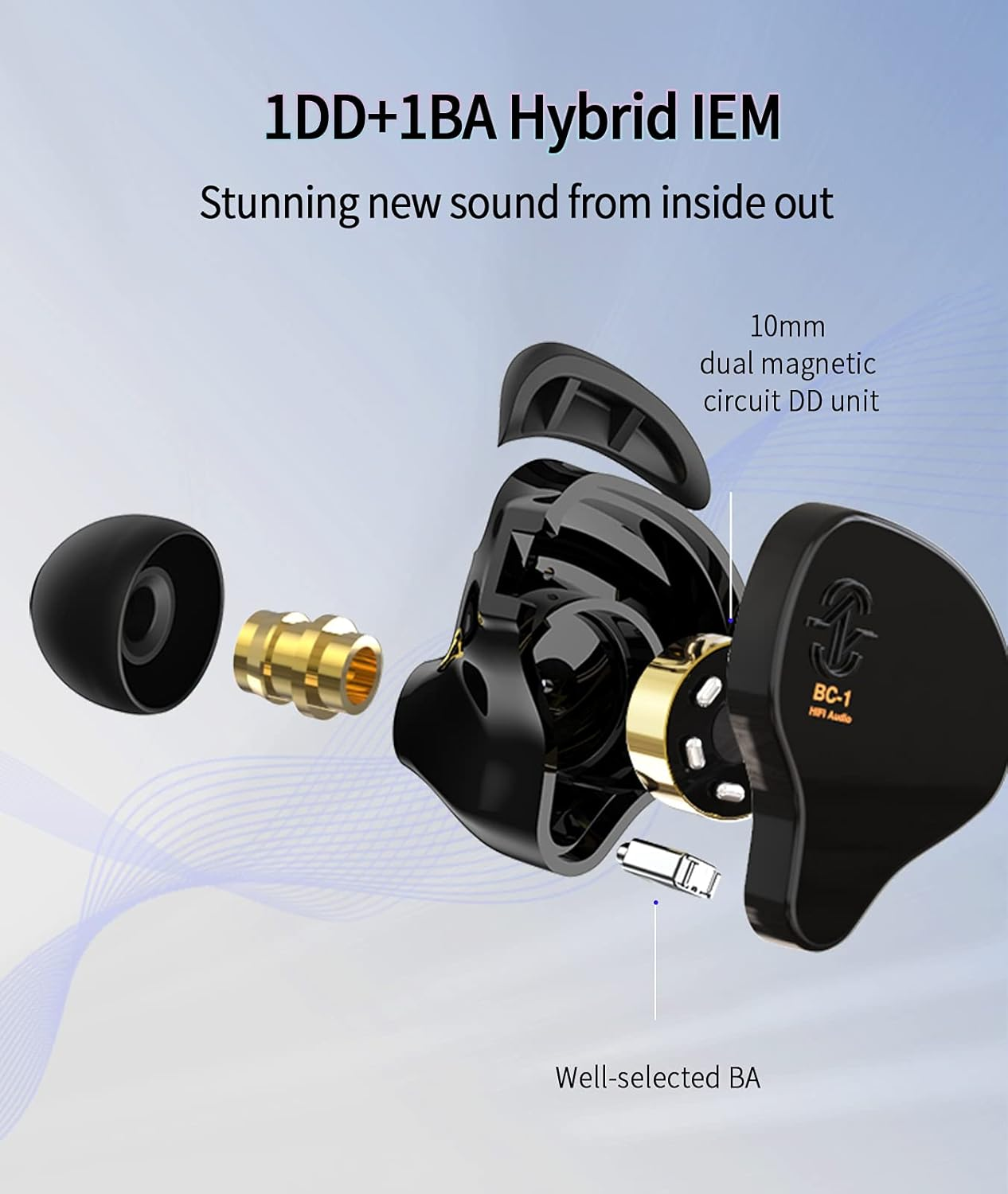 Kinboofi CCZ Melody Wired Headphones, Dynamic Hybrid Dual Driver in Ear Earphones 1BA+1DD Hifi Wired Headphones Musicians IEM Upgrade Deep Bass Suitable for Bass Vocals Pop Folk ACG (With MIC, Black) image number 6