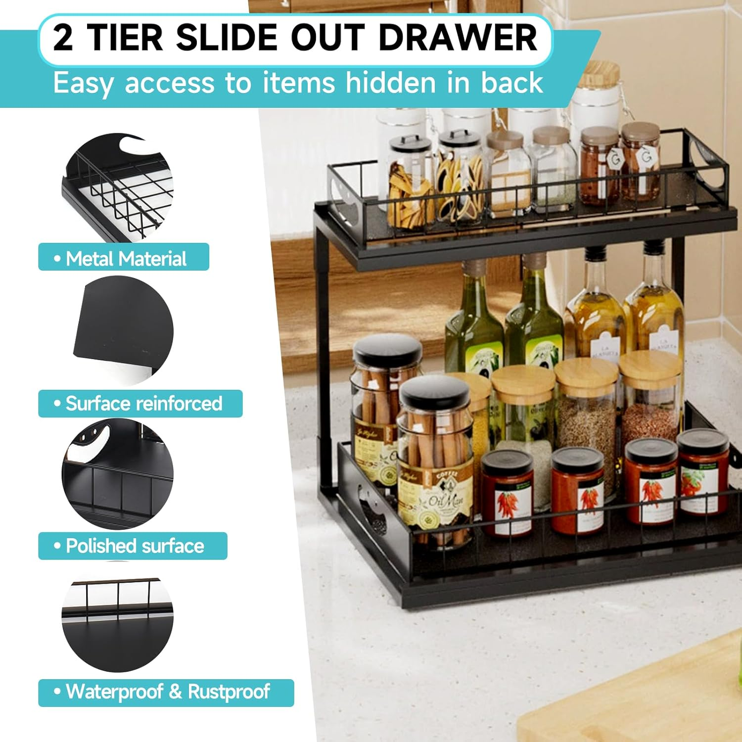 2 Tier under Sink Storage,Kitchen under Sink Organiser,Sliding Cabinet Drawer Storage,Home Kitchen Pantry Bathroom image number 5