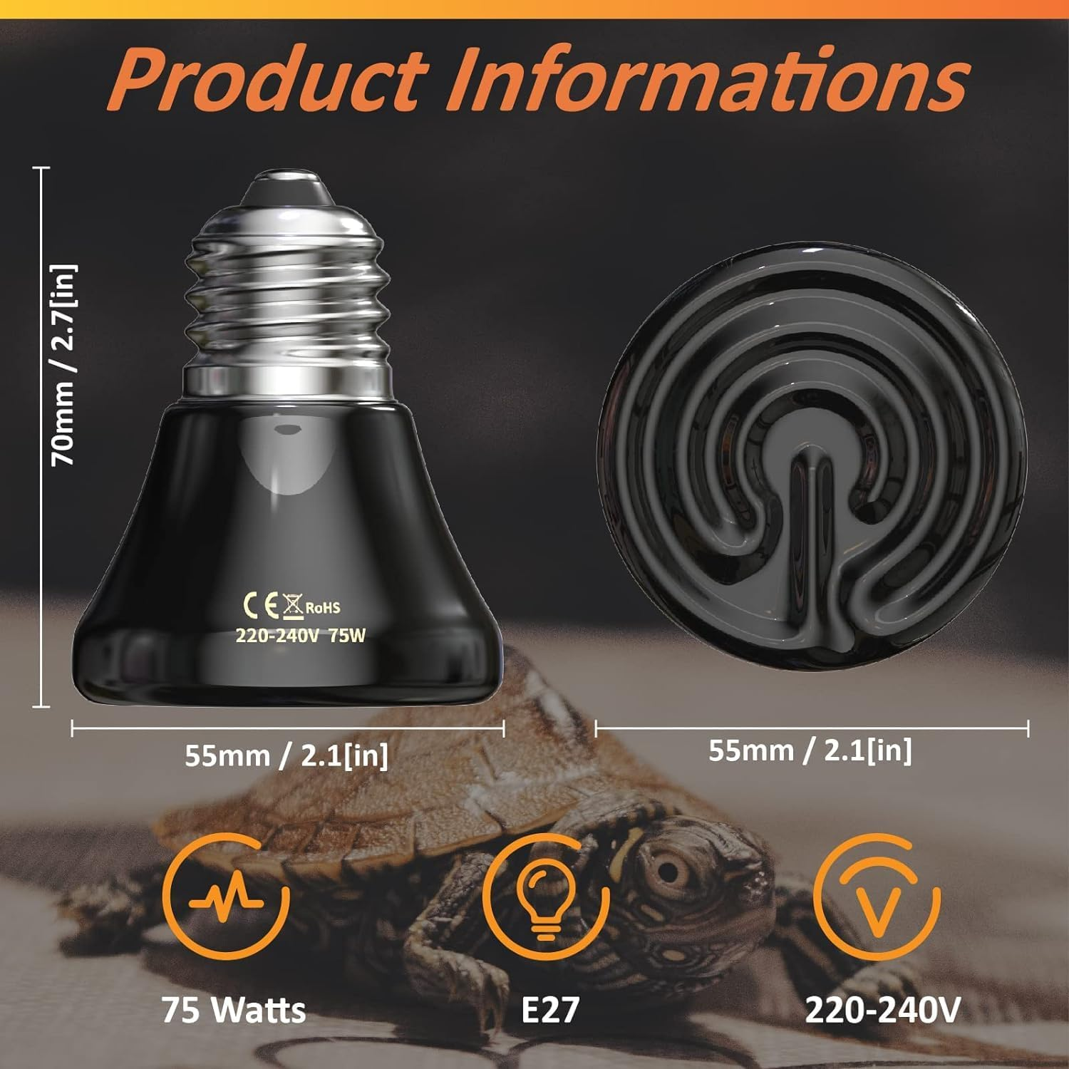 Bonlux E27 Ceramic Heat Lamp 75W Terrarium Reptile Heat Lamp, No Light, No Harm, Ceramic Heat Emitter for Snakes Lizard Tortoise Reptiles Terrariums and Vivarium, (Black, Pack of 2)