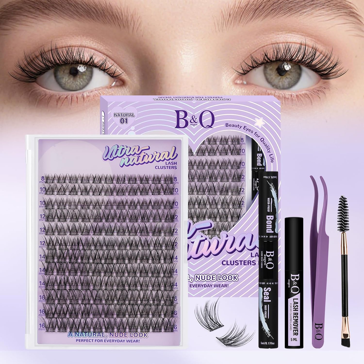 B&Q Natural Lash Clusters 144PCS DIY Cluster Lashes C Curl 8-16Mm 0.03Mm Thin Band Eyelash Clusters Cruelty Free & Easy Apply Wispy Lash Cluster Soft Lashes for Daily Look (Natural 02)