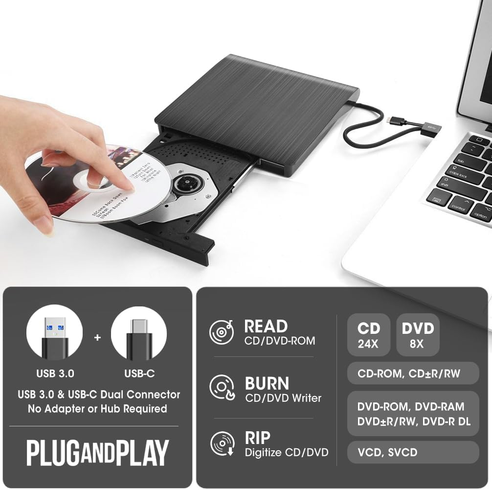 ROOFULL External CD/DVD Drive for Laptop, USB 3.0 & USB-C Portable CD/DVD-RW Player Reader Writer Burner, Optical Disc Drive for Windows 11/10 PC, Mac, Macbook & Linux Computer, ECD829-Y image number 4