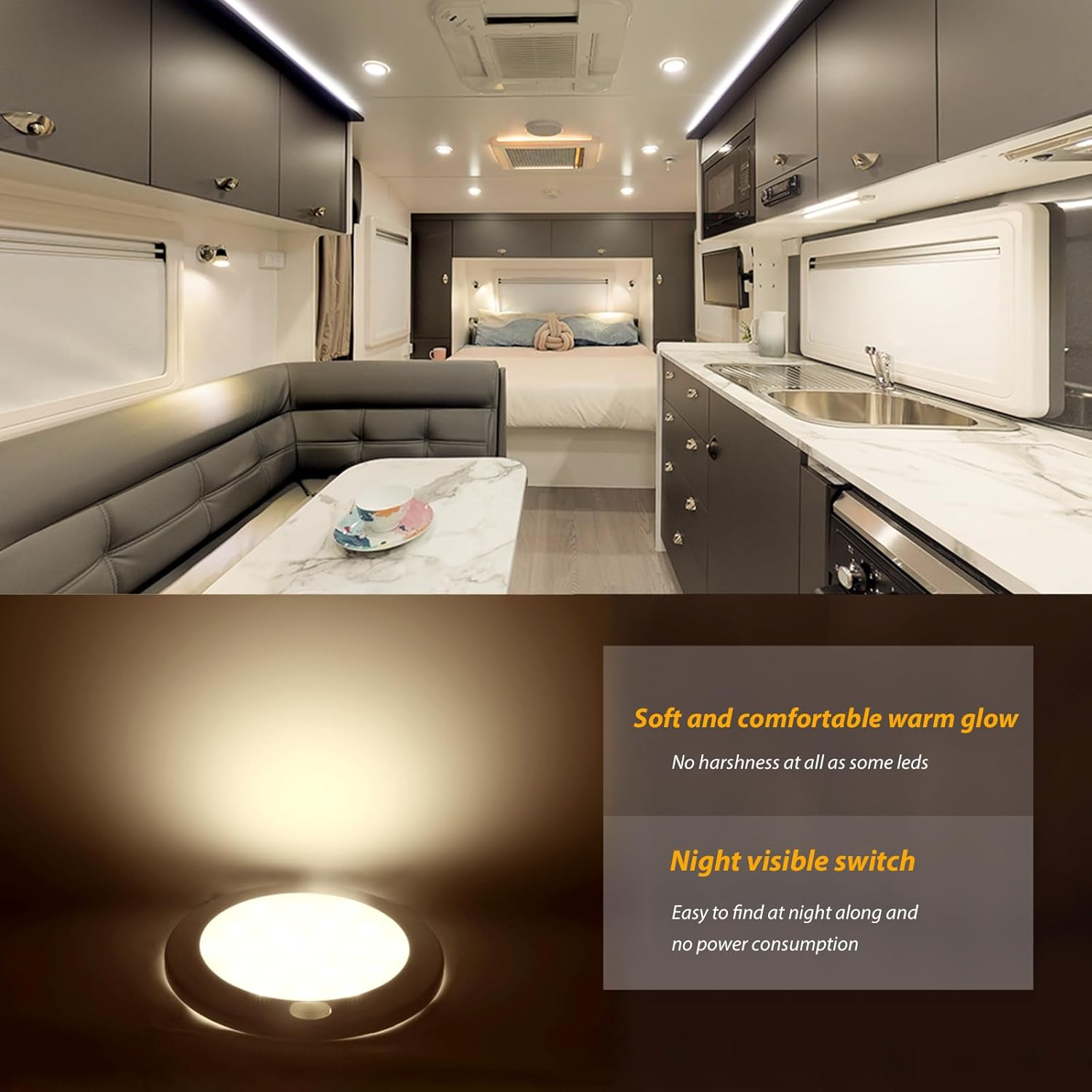 Dream Lighting 12Volts LED Ceiling Lights with Switch 5 Inch White Shell Panel Interior under Cabinet Light Warm White Dome Lamps for Auto RV Boat Yacht Caravan Motorhome Camper Trailer Pack of 2 image number 3
