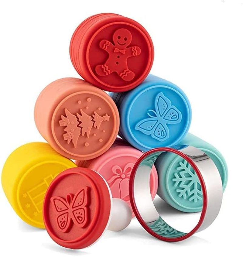 Cute Silicone Cookie Stamps Set- 6PCS Biscuit Cutter Fondant Mooncake Mold with Handle Cake Dessert Adjustable Pressable DIY Baking Decoration Tool for Christmas Holiday Home and Kitchen(Random Color) image number 4