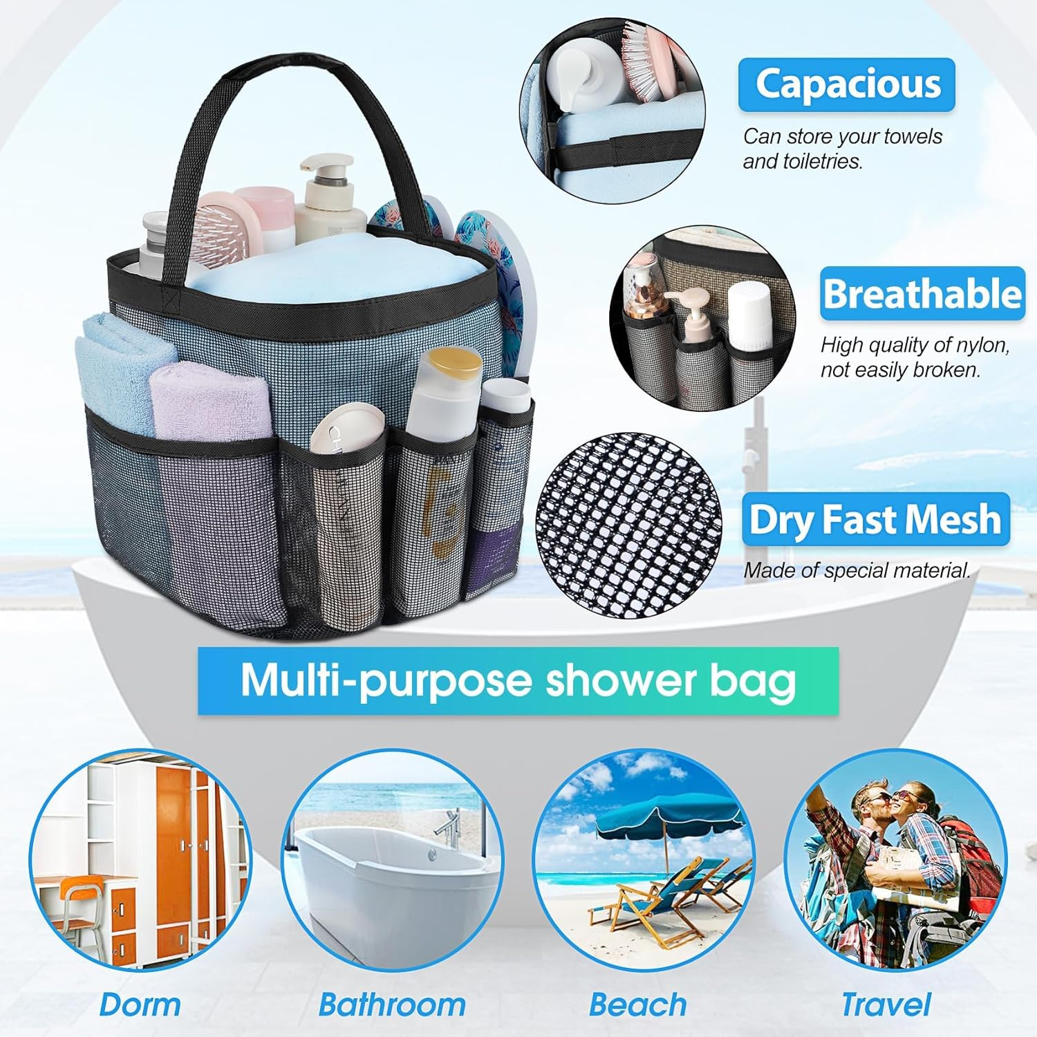Mesh Shower Caddy Portable for College Dorm Room Essentials with 8 Pockets, Hanging Shower Caddy Dorm Basket, Quick Dry Shower Bag for Bathroom image number 2