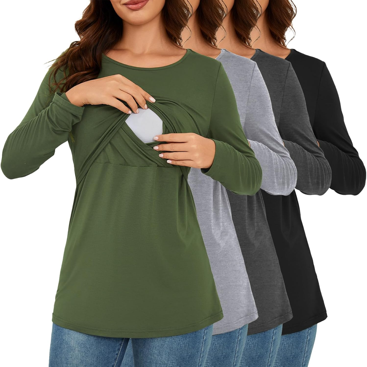 Liu & Qu 4-Pack Womens Nursing Tops Long Sleeve Breastfeeding Shirts Double Layer Fall Maternity Clothes