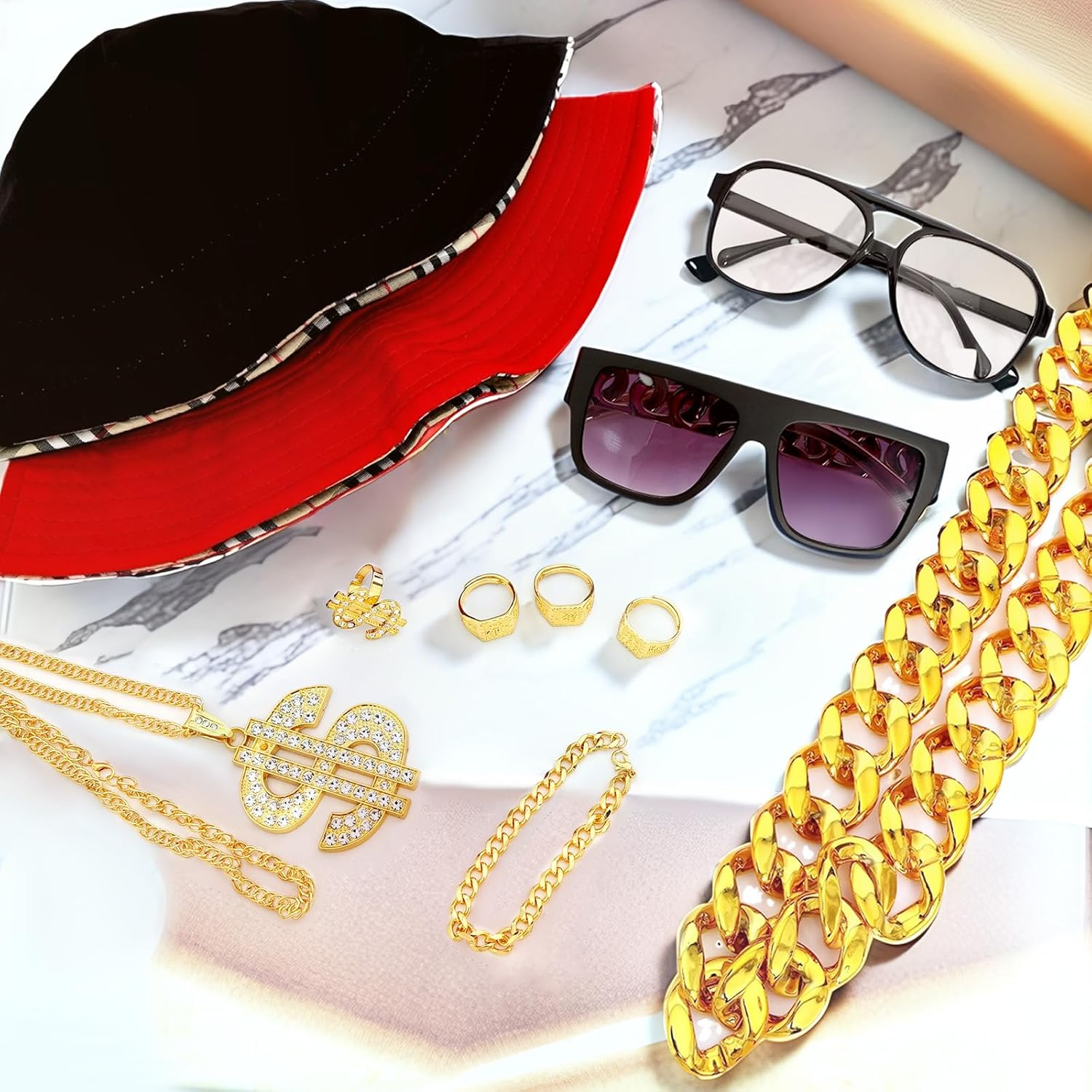 80S 90S Accessories Hip Hop Costume Outfit Kit Sunglass Hat Gold Chain Money Sign Necklace Ring Rapper Accessory image number 6