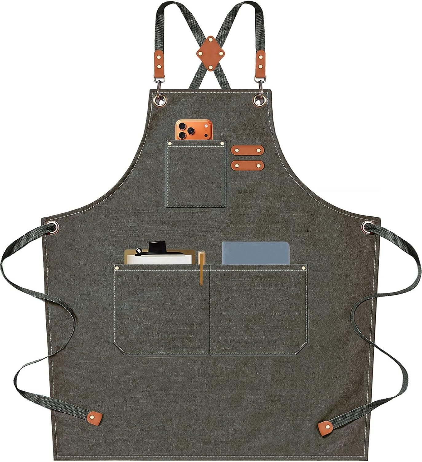 AFUN Chef Aprons for Men Women with Oversized Pockets, 16-Ounce Cotton Canvas Cross Back Heavy Duty Work Apron - Beige image number 2