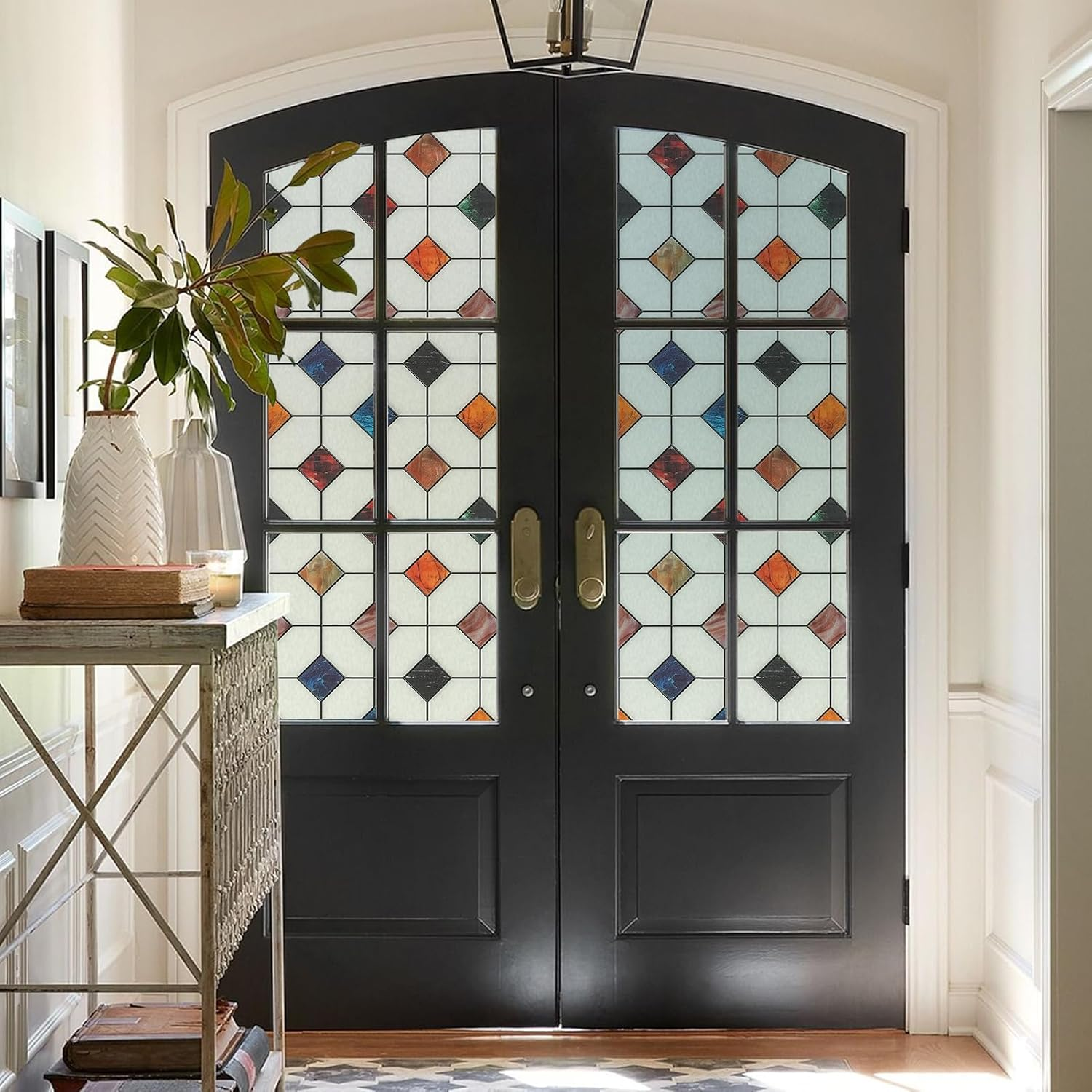 DKTIE Stained Glass Window Film Geometric Patterns, Fine Frosted Window Clings for Glass Windows, Waterproof for Bathroom Window Privacy Film Day and Night (S533, 35.4In X 118.1In)