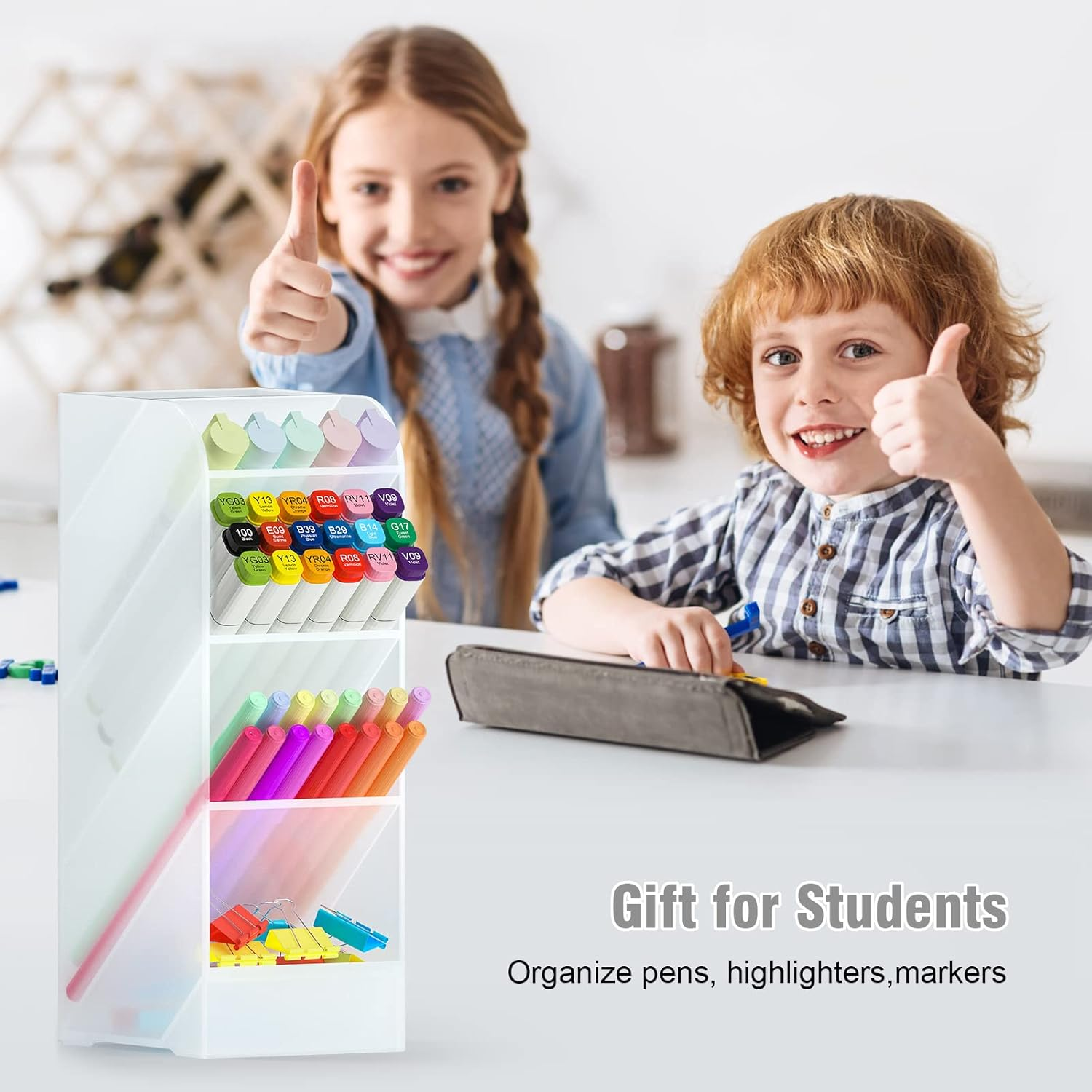 Asten Pen Holder, Pencil Holder for Desk, Pen Organizer for Office, School, Desktop, Large Capacity Pen Storage Organizer with 5 Compartment for Pens, Markers, Makeup Brush, Cosmetics (Clear, 1 Pack) - Pink image number 3