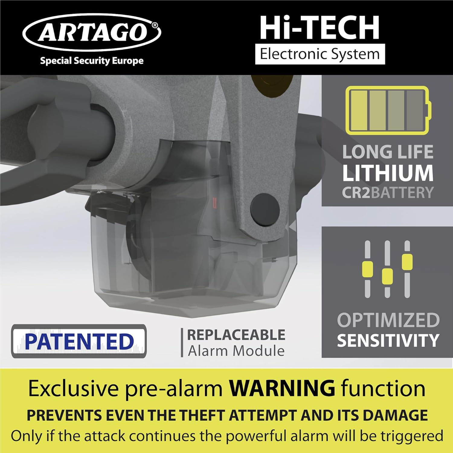 ARTAGO 870 High-End Steering Wheel Lock 2In1 without or with 120Db Alarm + Don'T Touch Warning, Visible and Deterrent High Security, Universal anti Theft Bar Locking Device for Car, Truck, Van, Camper image number 5