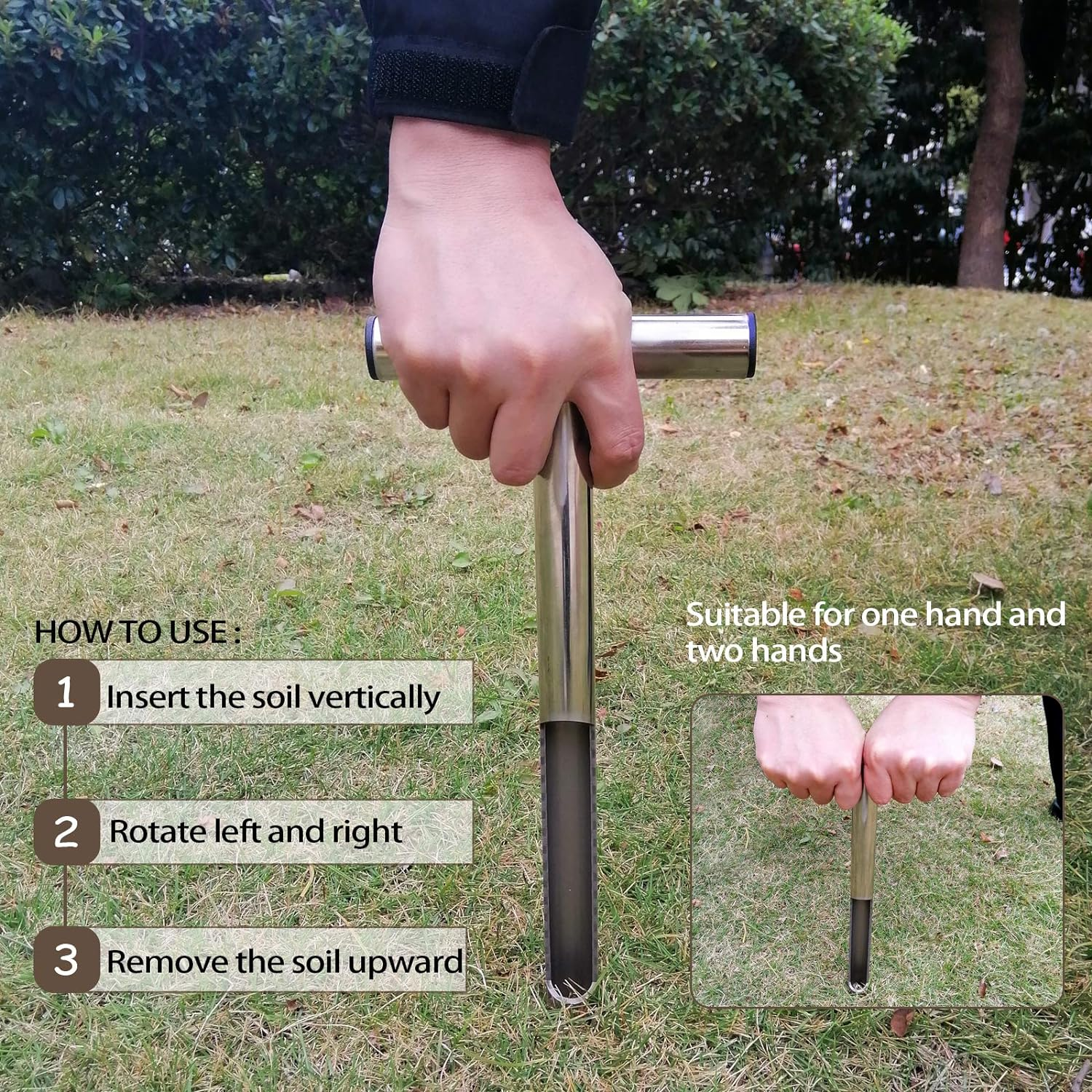 Hihydro 12 Inch Stainless Steel Soil Sampler Probe with 2 Reusable Sample Bags, T-Style Handle Soil Test Kit for Plant Care, Garden, Lawn, Farm image number 2