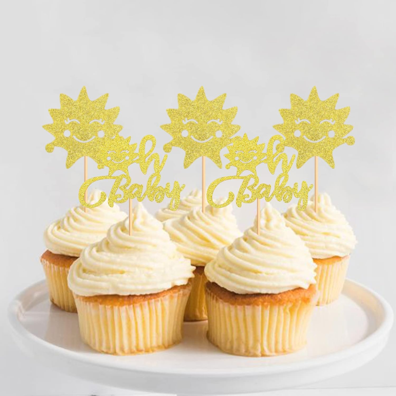 24PCS Sunshine Oh Baby Cupcake Toppers Sun Smile Sunshine Cupcake Picks Bridal Wedding Engagement Baby Shower Birthday Party Decorations - Gold-One image number 5