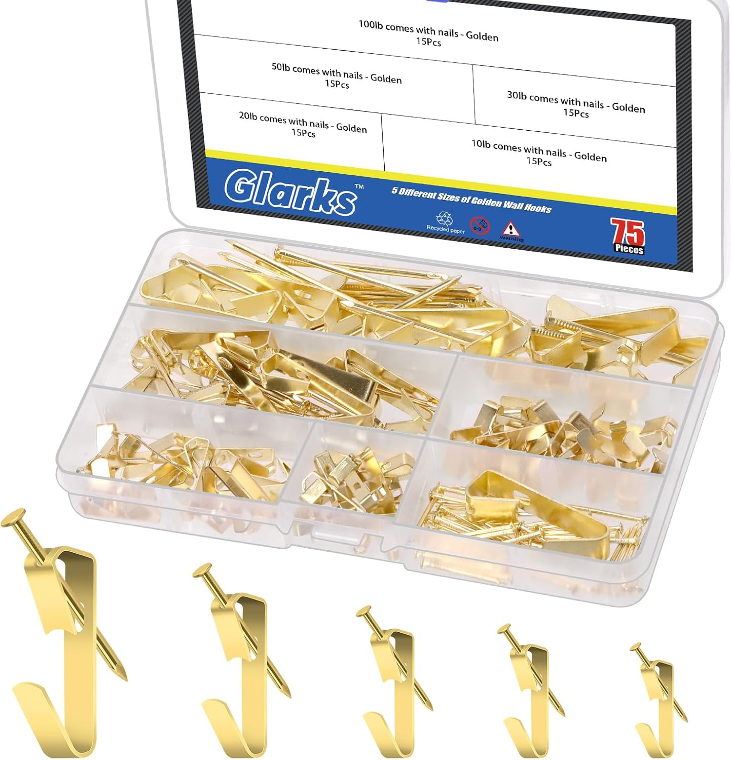 Glarks 75Pcs 10Lb/20Lb/30Lb/50Lb/100Lb Picture Hangers Hooks with Nails Kit, Black Picture Photo Hanging Hooks with Nails, Picture Hanging Kit for Frame, Painting, Art, Photo