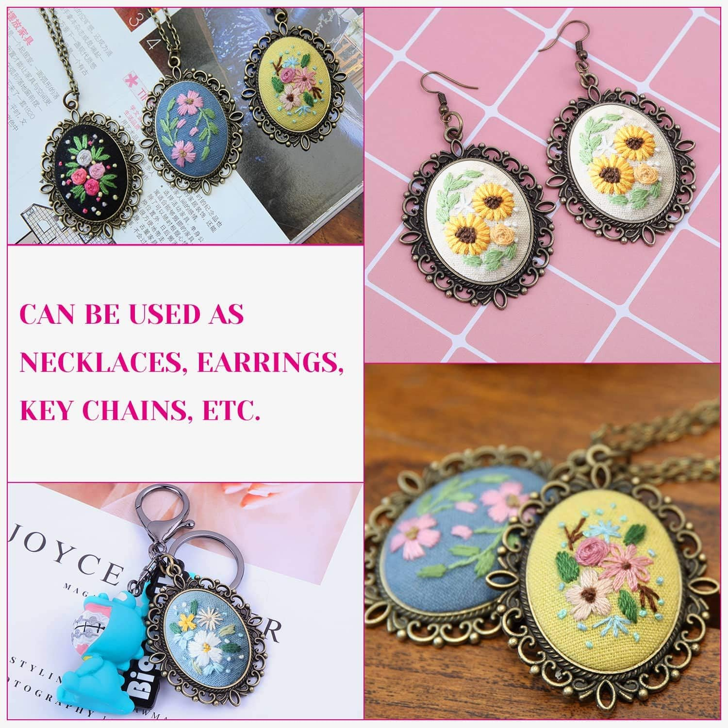 Embroidery Pendant Kit for Beginners, Shynek Embroidery Starter Kit with Pattern and Instructions Cross Stitch Kit Including Pendant Trays Embroidery Clothes with Floral Pattern, Embroidery Hoops image number 3