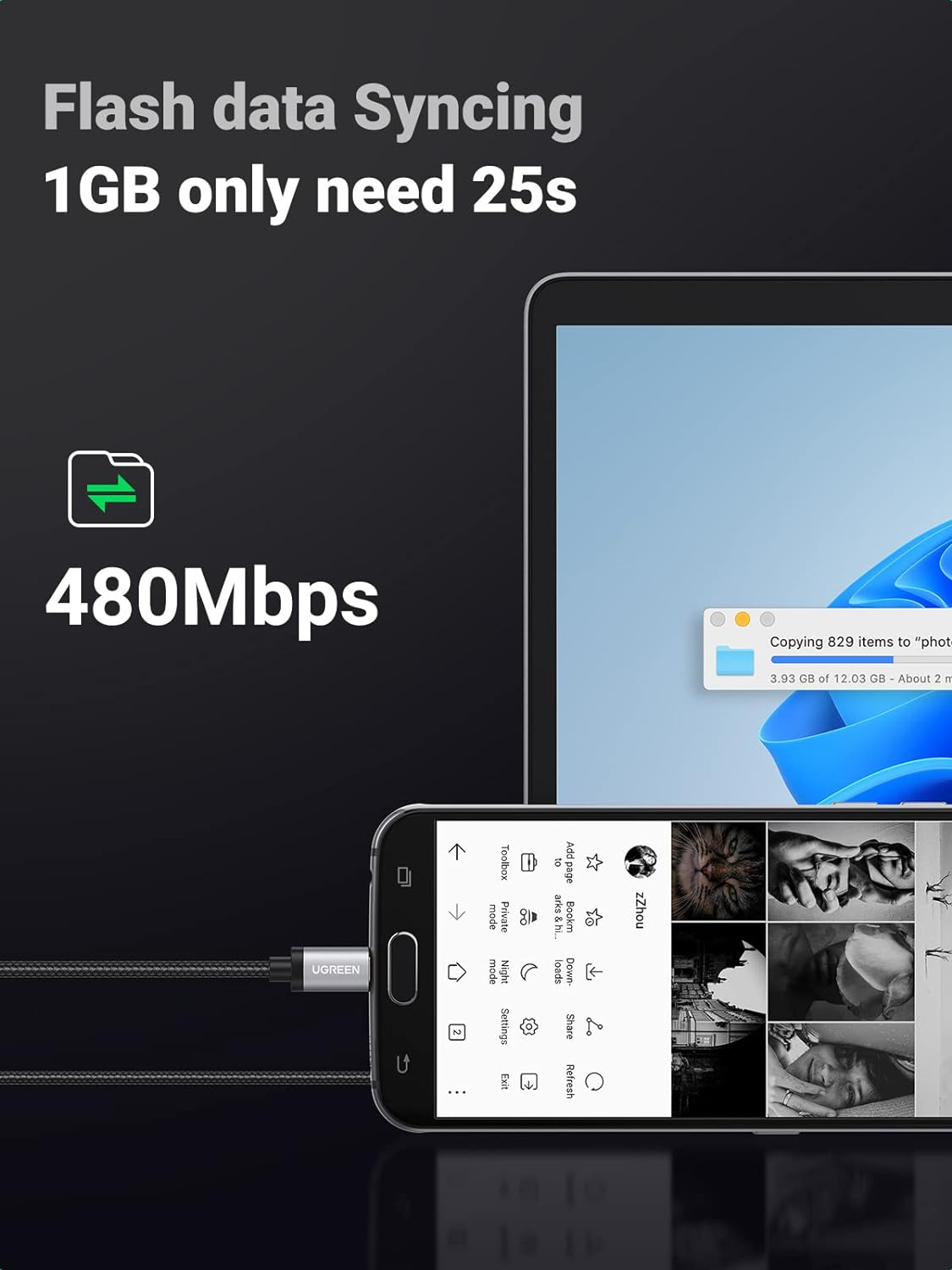 UGREEN Micro USB to USB 2.0 Nylon Braided Charger Cable High-Speed Android for Galaxy S7 S6, Note, LG, Nexus, Kindle, PS4, Xbox One Controller (2M, Black) image number 6