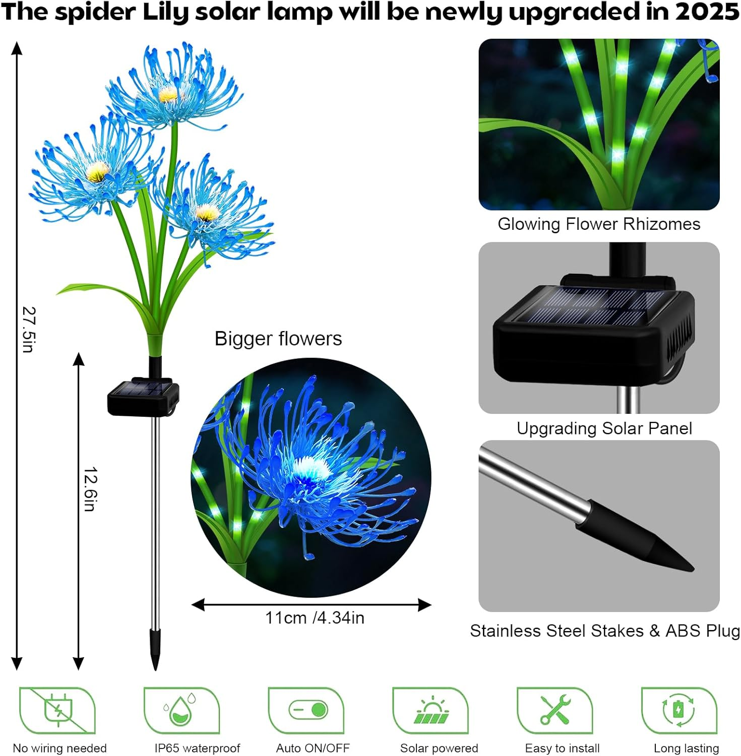 Solar Garden Flower Lights Outdoor,4 Pack 12-Head Blue Spider Lily Waterproof with Glowing Stems,Elegant Yard,Patio & Law Decor,Ideal Halloween & Gardening Gifts for Women,Mothers & Grandma - Purple(Purple Light) image number 2