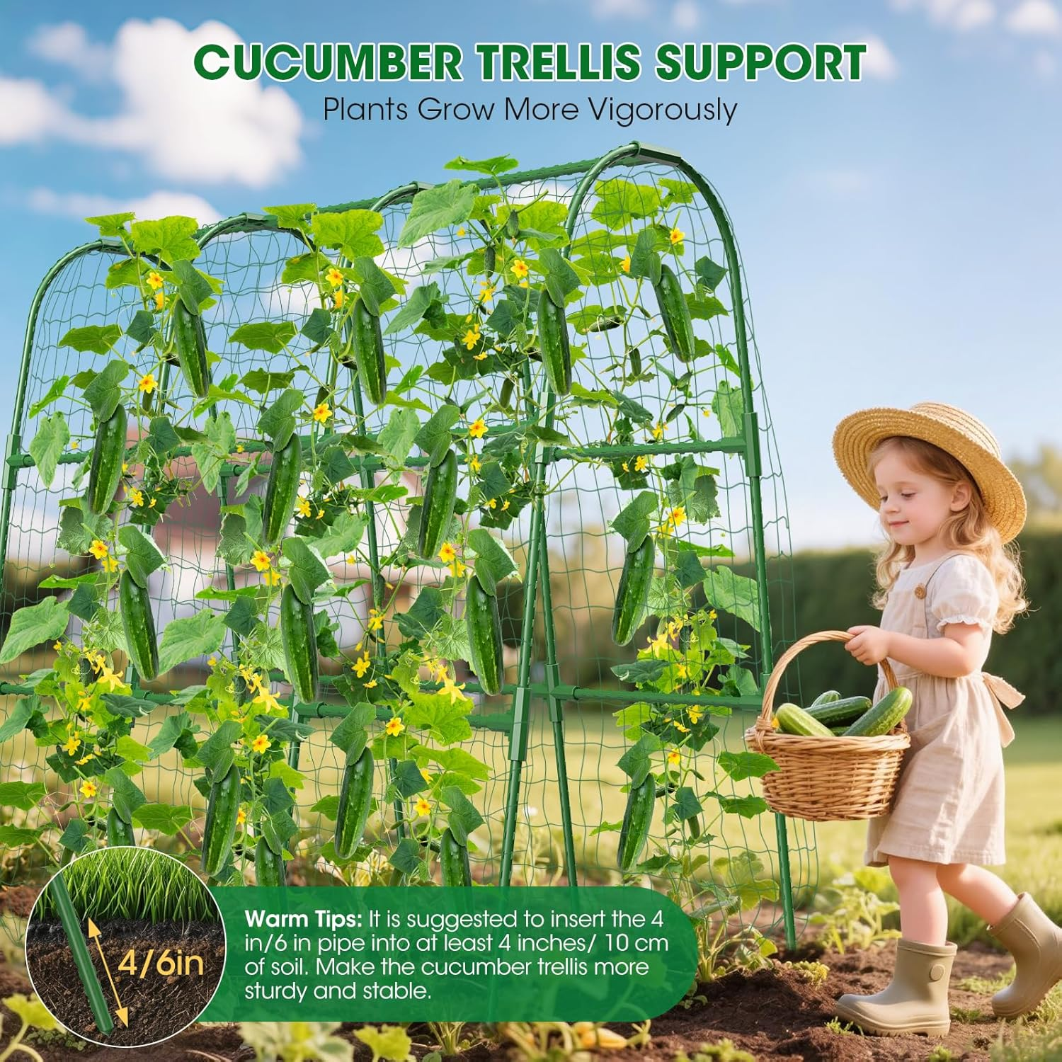 Plant Trellis，Cucumber Trellis for Raised Bed,U-Shape Garden Trellis for Climbing Plants Outdoor, Metal Arch Vegetables Trellis, Plant Support for Vine （Green,120Cm）