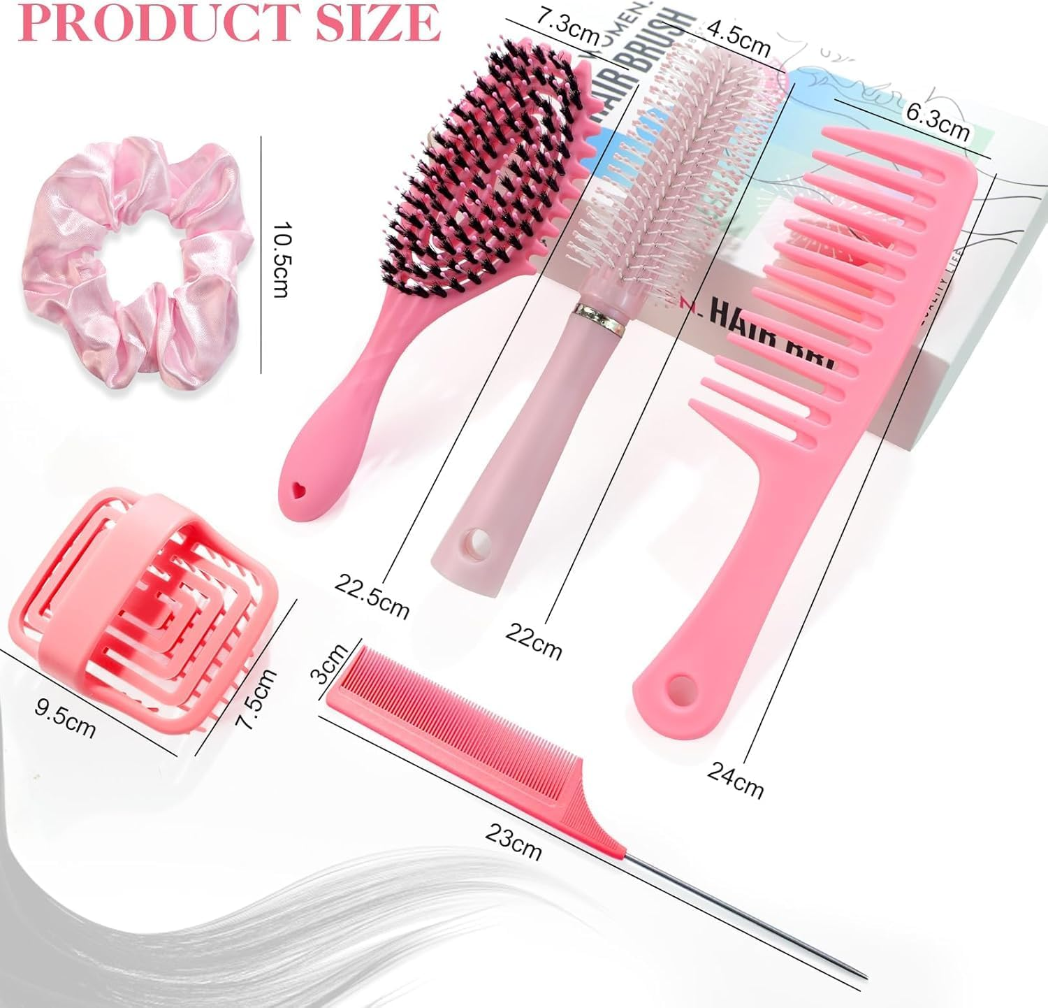 Hair Brushes Set, Curl Defining Boar Bristle Detangling Hair Comb Set for Women Men with round Brush, Wide-Tooth Comb, Rat Tail Comb, Scalp Shampoo Brush and Satin Scrunchie (Pink) image number 2
