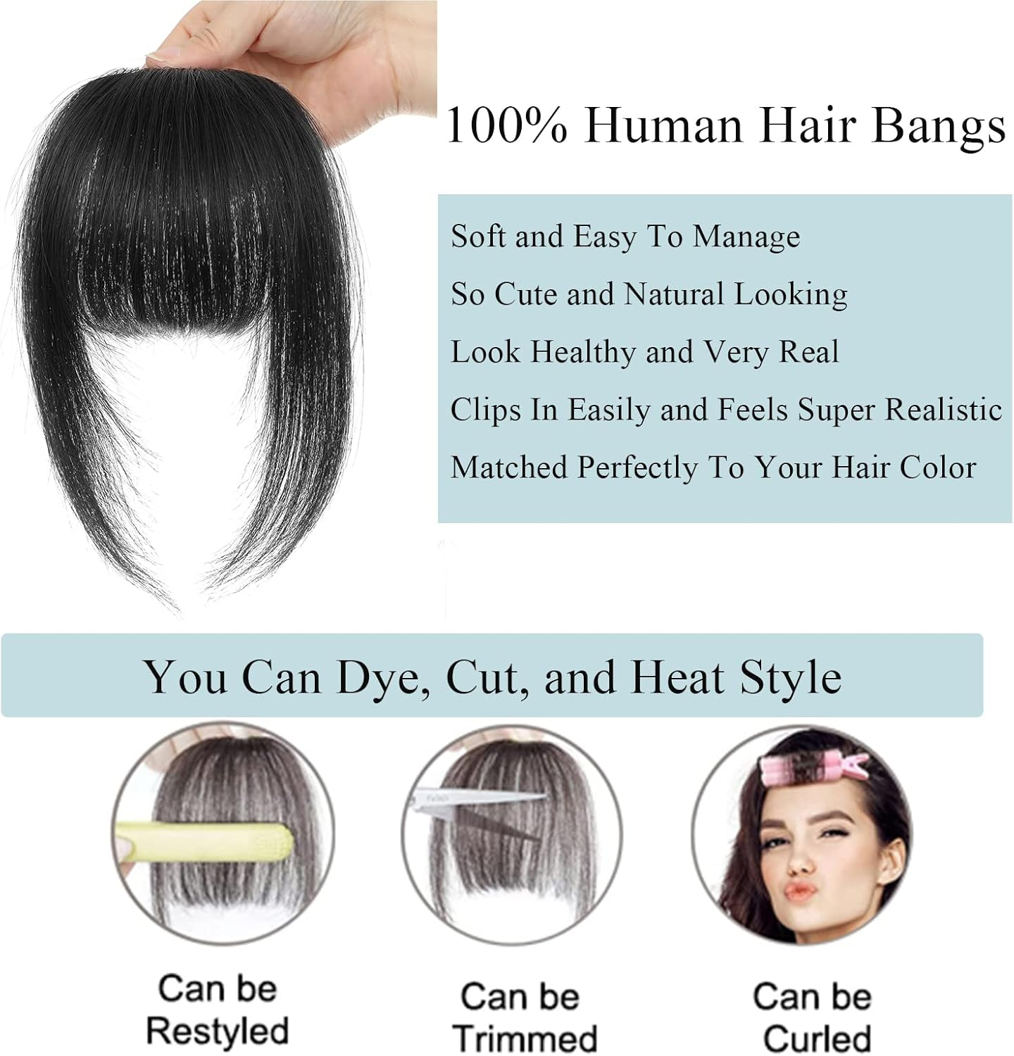 100% Human Hair Clip on Bangs - Natural Black, Real Human Hair, Clip in Bangs for Natural Hair image number 3