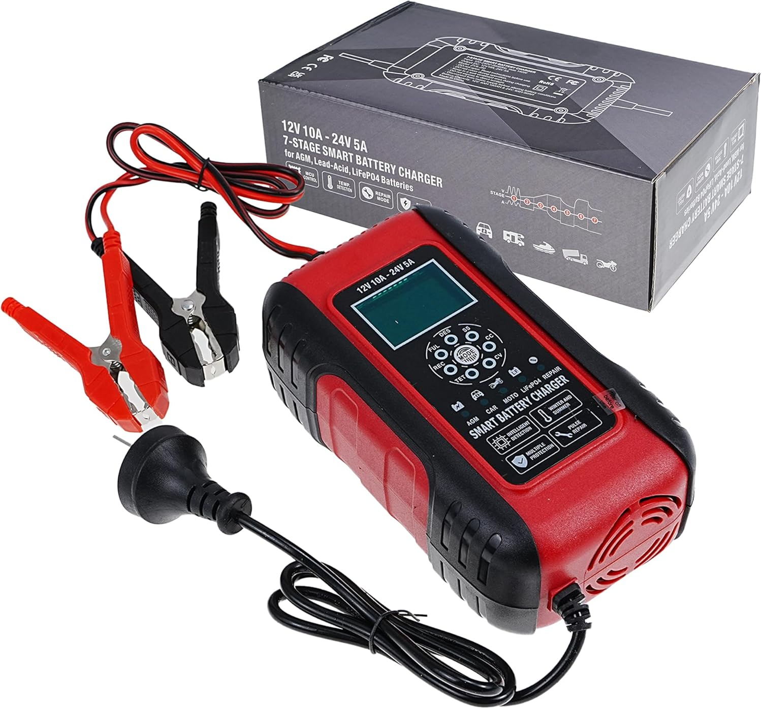 10A 12V/24V Battery Charger and Maintainer, Smart Trickle Charger with Pulse Repair for Automotive Car, Truck, Motorcycle, Boat, Lawn Mower (Black Red)