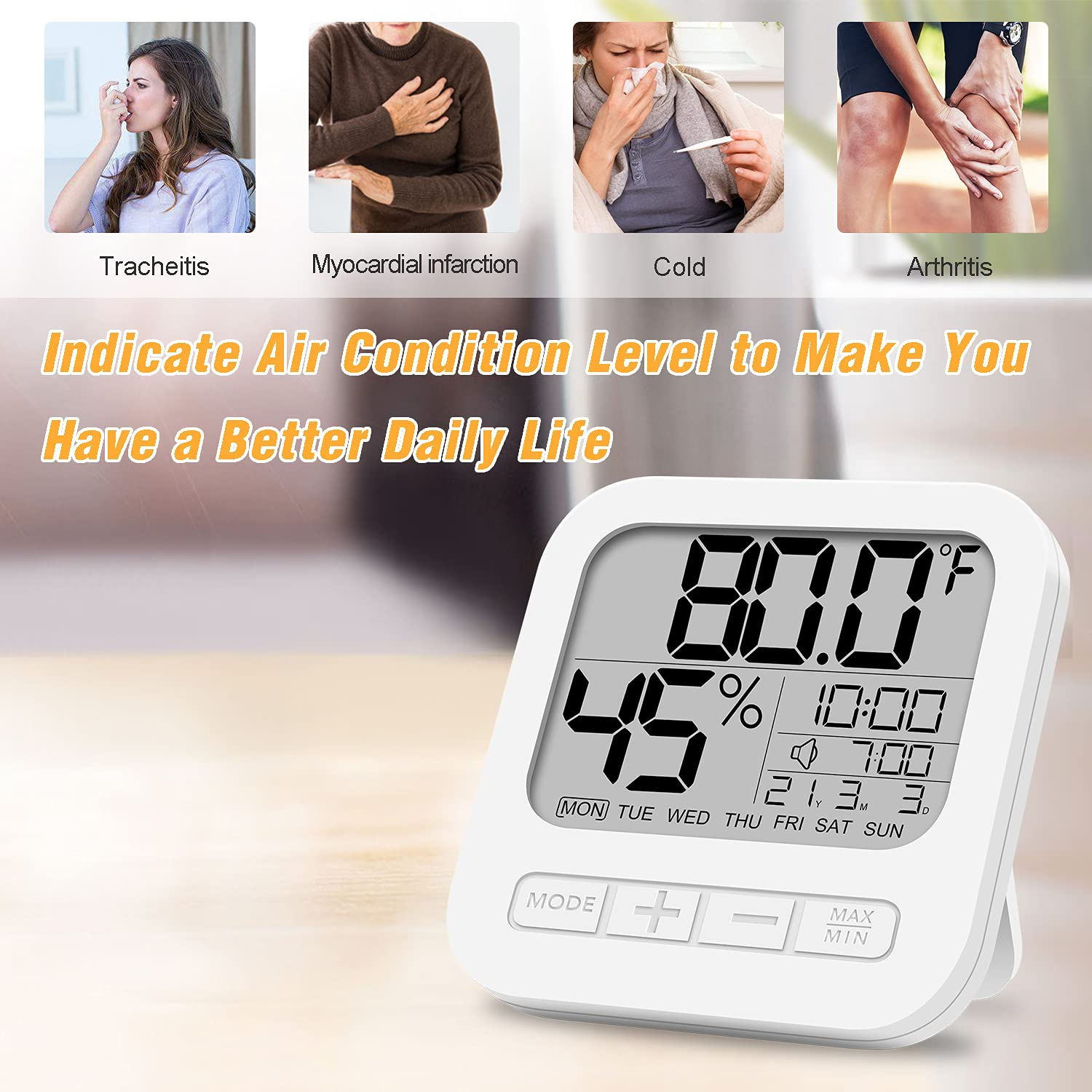 Indoor Digital Thermometer Hygrometer, Accurate Room Temperature Gauge Humidity Monitor with Alarm Clock- Easy to Read, Max/Min Records, LCD Display for Home Office image number 5