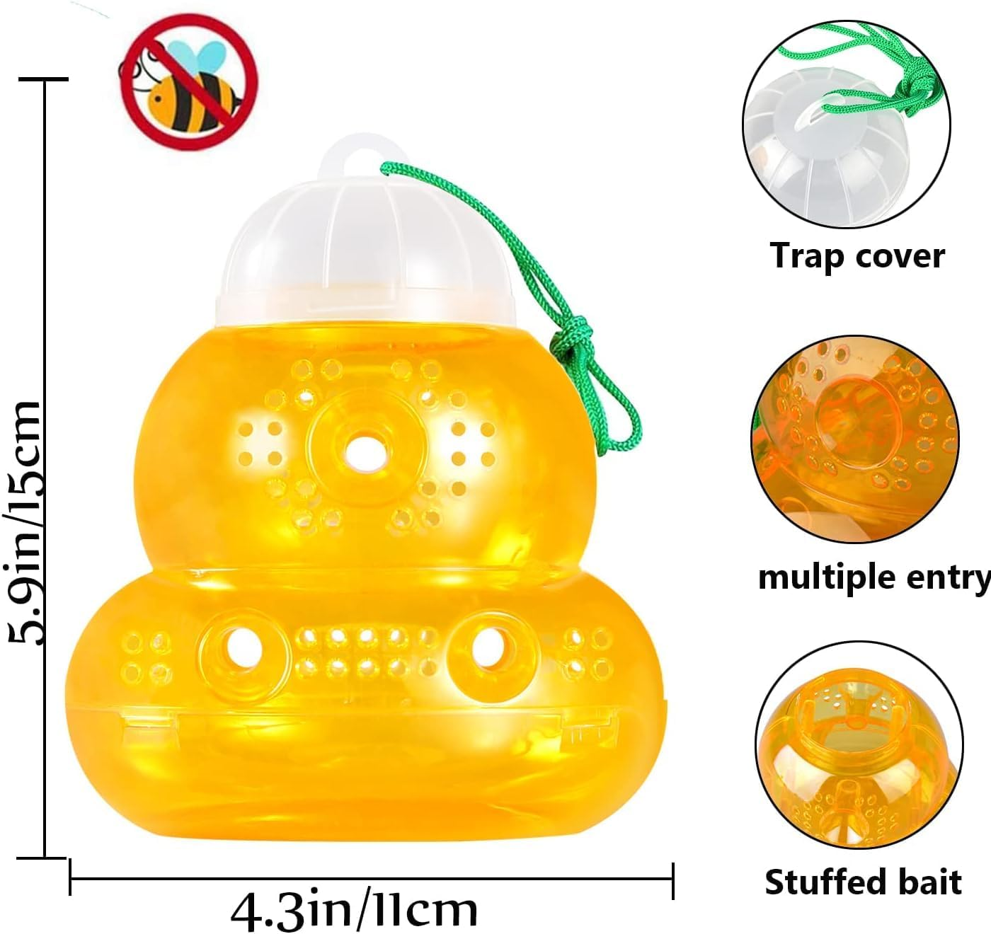 2 Pack Plastic Wasp Traps, Hanging Hornet Trap for Outdoors, Bee Trap Yellow Jacket Wasps Repellent, No Bottom Seam, Safe, Natural, Effective and Reusable