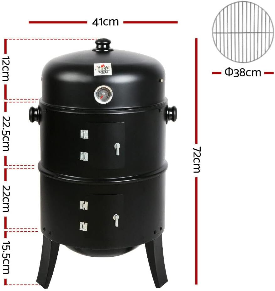 3In1 Portable Charcoal BBQ Vertical Smoker Roaster Grill Steel Water Steamer