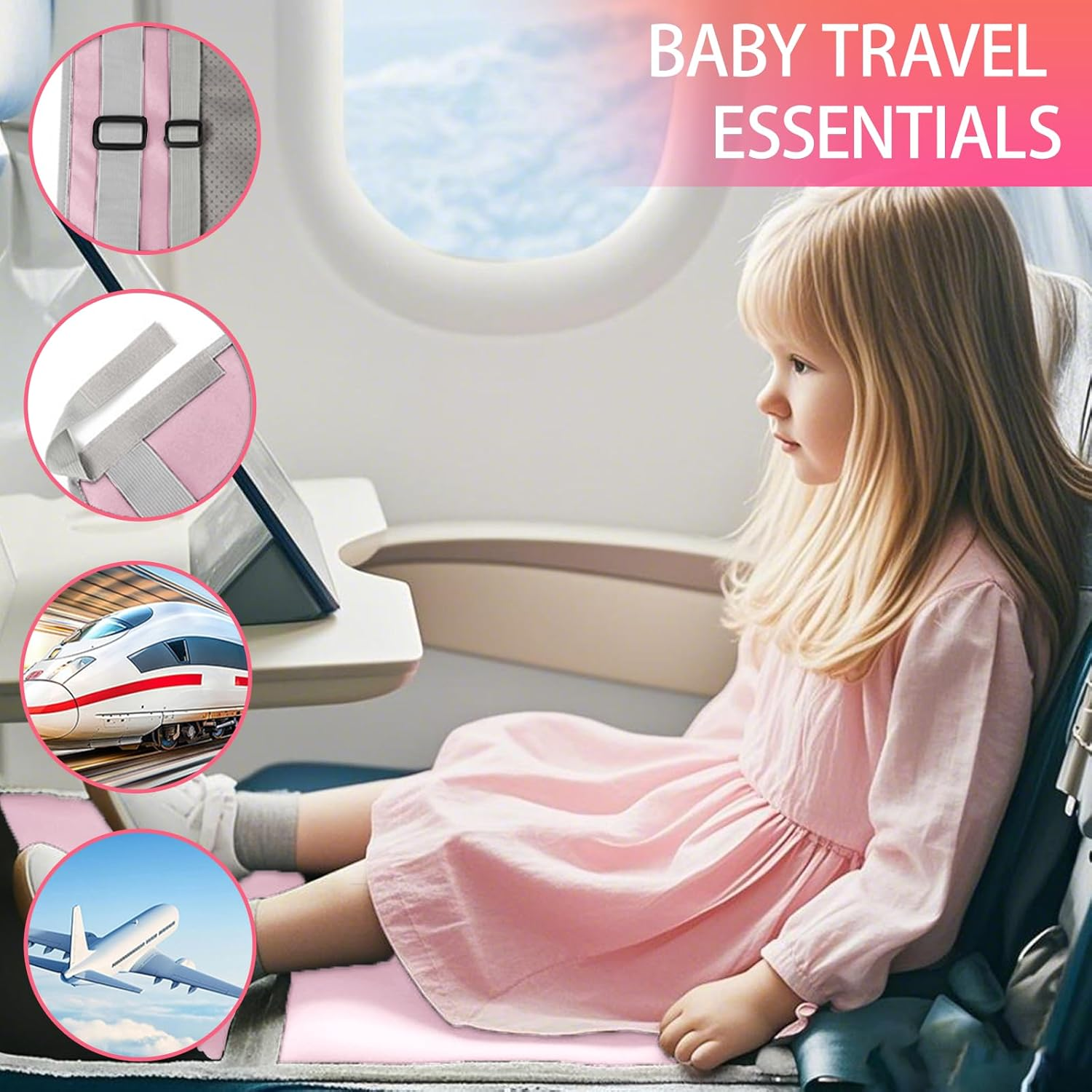 Pink Airplane Bed for Toddler 76&times;44.5Cm, Airplane Seat Extender for Travel Waterproof Lightweight Airplane Foot Hammock Suitable for All Aircraft Seats,Comfortable Flight Companion for Your Child image number 3
