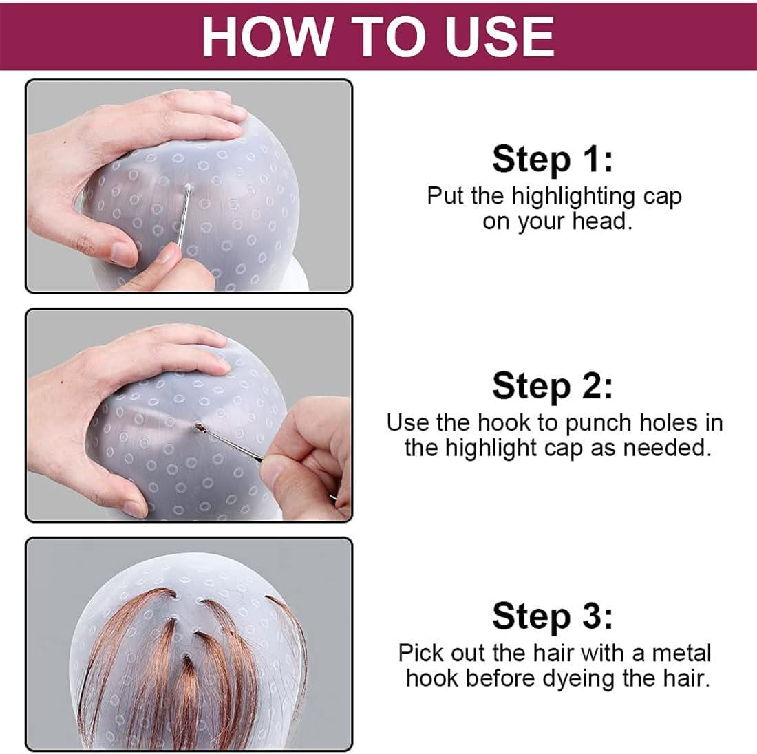 Silicone Highlight Cap, Highlight Cap, Reusable Salon Hairdressing Cap, Highlight Hair Cap, Salon Hair Dye Cap for Women Girls Colouring Hair, with Metal Hooks, White image number 4