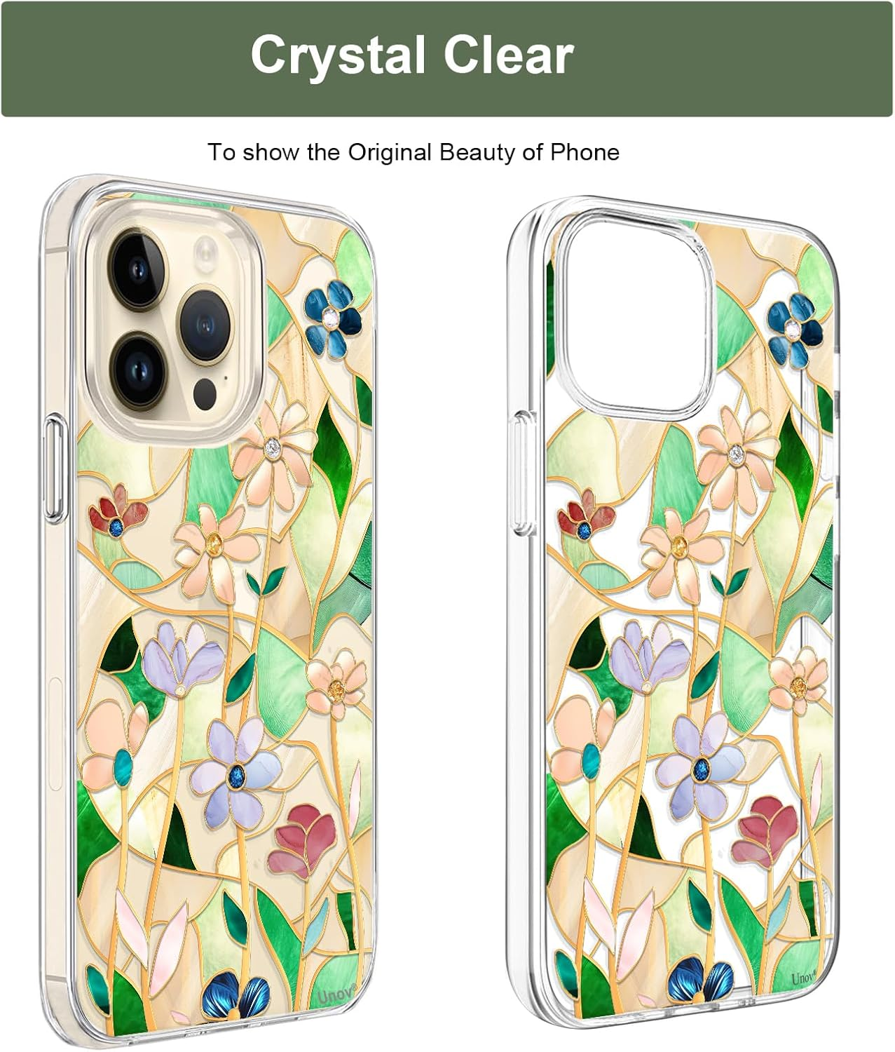 Unov Case Compatible with Iphone 14 Pro Case Clear with Design Embossed Floral Pattern Soft TPU Bumper Slim Protective 6.1 Inch (Stained Glass Flower)