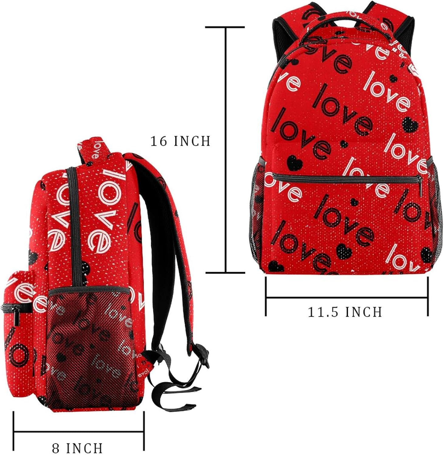 Black White Love Heart Red Background Backpack Students Shoulder Bags Travel Bag College School Tote Backpacks