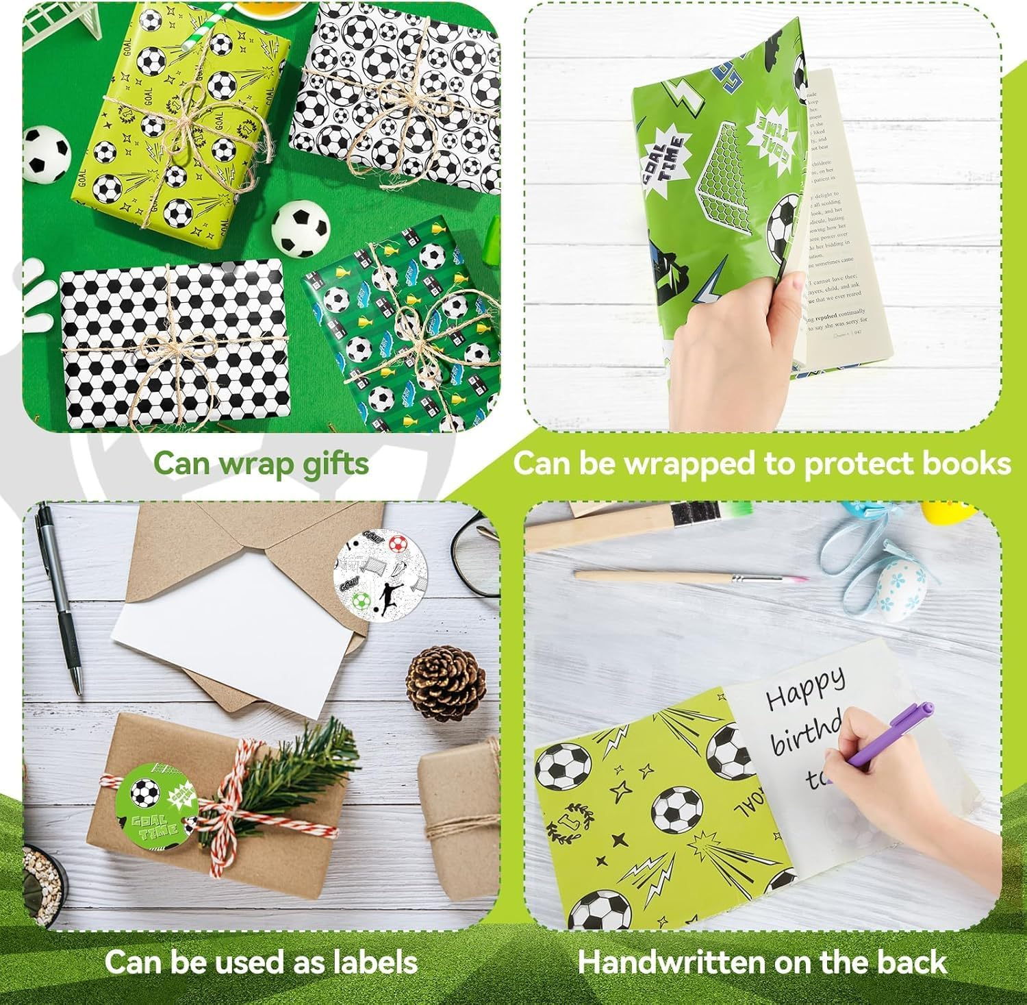 PQCLXUYA 12 Sheets Football Wrapping Paper,Boys Men Birthday Wrapping Paper Sheets with Sport Soccer Green White Mixed Design for Boys Girls Birthday Presents Party, Football Fans Gift (70X50Cm) image number 1