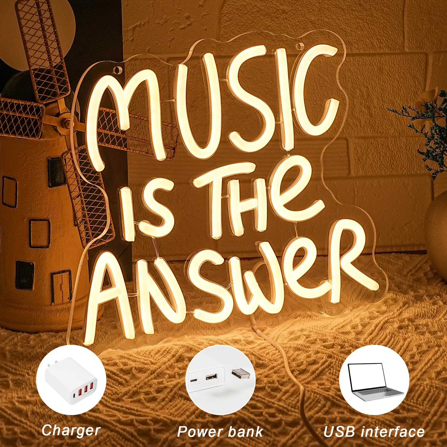LMSIGNLY Music Is the Answer Neon Sign for Wall Decoration Warm White Neon Light Live Music LED Sign Music LED Letters for Studio Concert Bar Bedroom Party image number 3