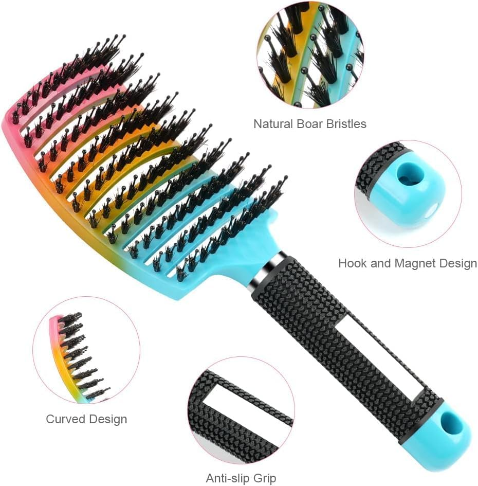2 Pack Detangling Hair Brush,Boar Bristle Hair Brush,Fast Drying Styling Massage Hairbrush for Men Women,Curved Vent Styling Brush for Wet Dry Curly Thick Straight Hair (Blue & Pink) image number 4