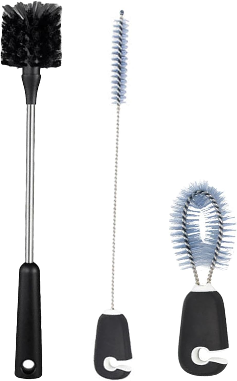 Water Bottle Brush: 3-Piece Set with Bottle Brush, Straw Brush, Lid Brush. Stainless Steel Handle, 15-Inch Long, Ideal for Cups, Wine Glasses, Mugs&mdash;Practical Kitchen Cleaning Tools, Black. image number 1
